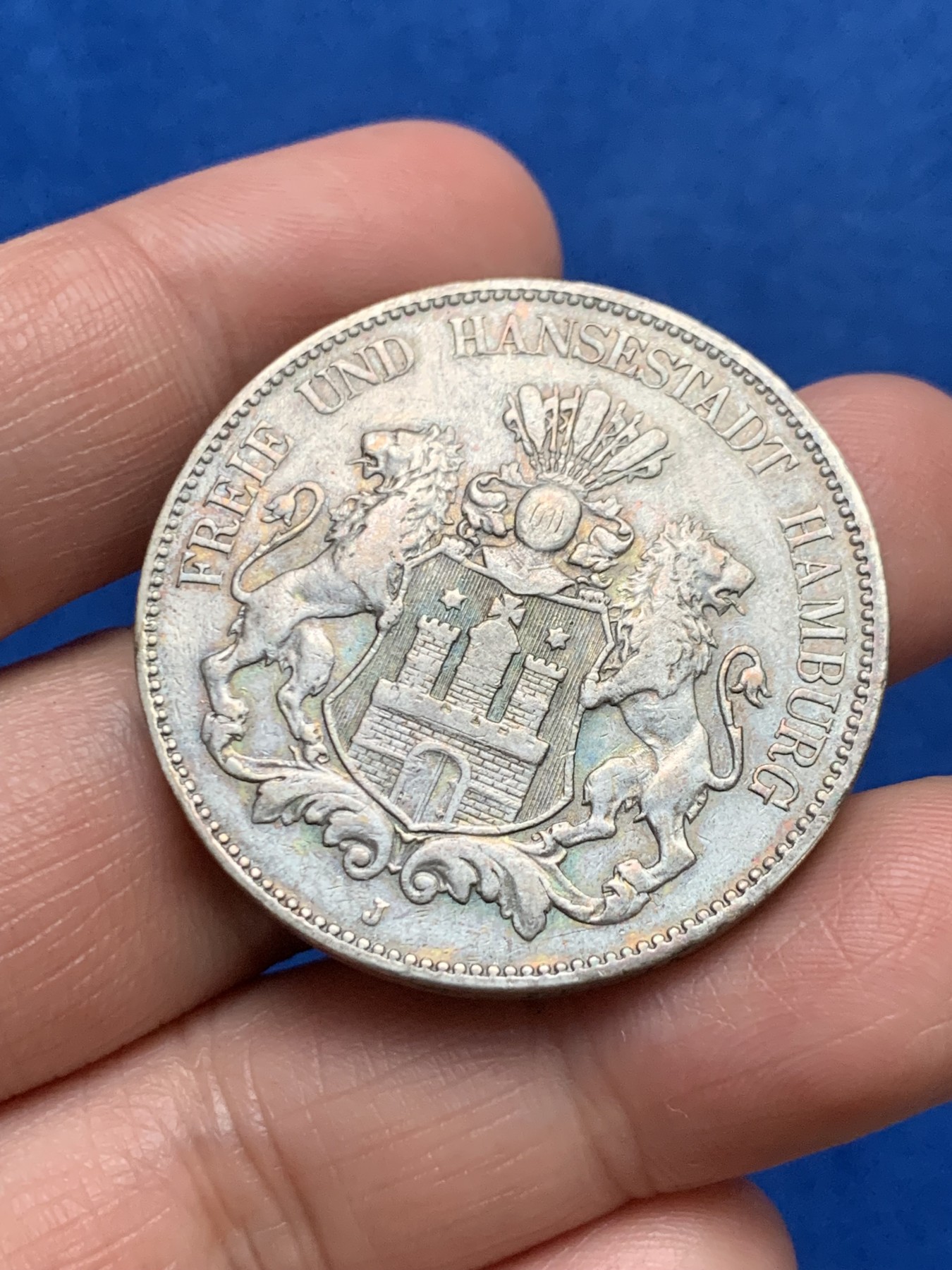 《竞宝斋》第249场-周日，周一 ，周二3场连拍 (全场包邮) 1902年德国自由市汉堡5马克银币