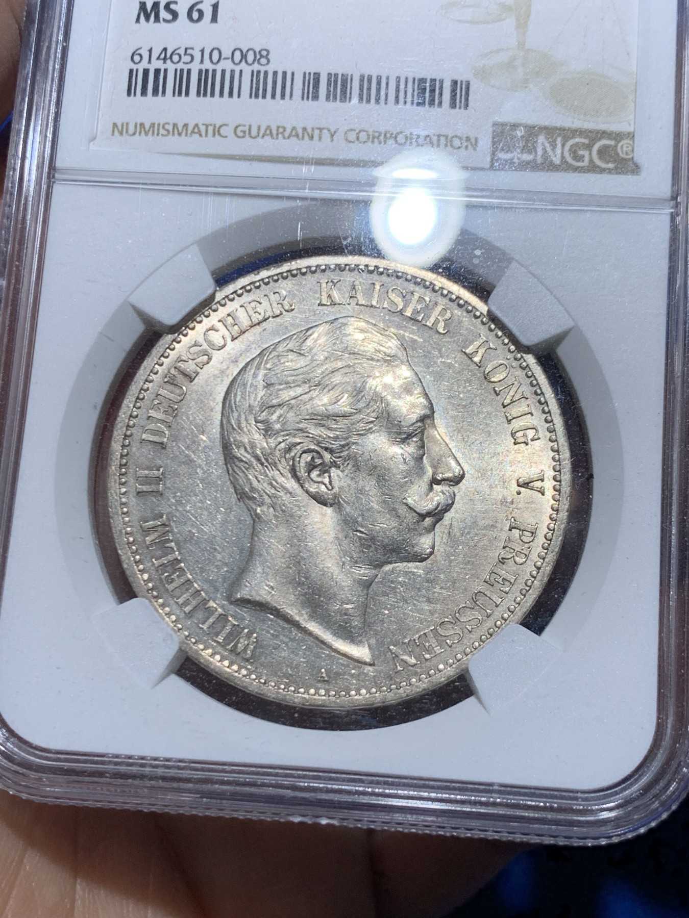 《竞宝斋》第249场-周日，周一 ，周二3场连拍 (全场包邮) NGC MS61 德国普鲁士 1895年 威廉二世大头 5马克 银币