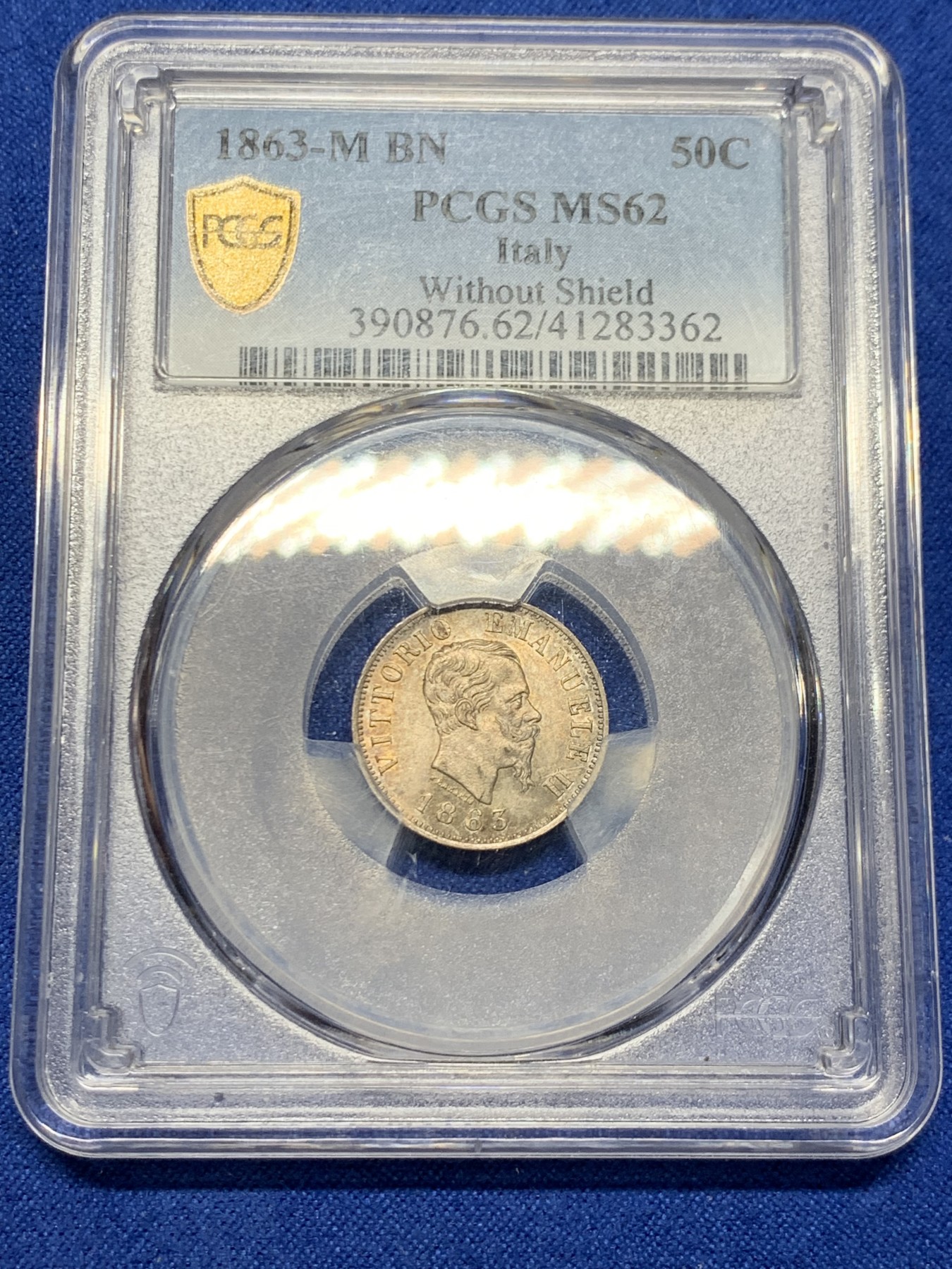 《竞宝斋》第249场-周日，周一 ，周二3场连拍 (全场包邮) PCGS  MS62  意大利  1863年  艾曼纽尔二世50分