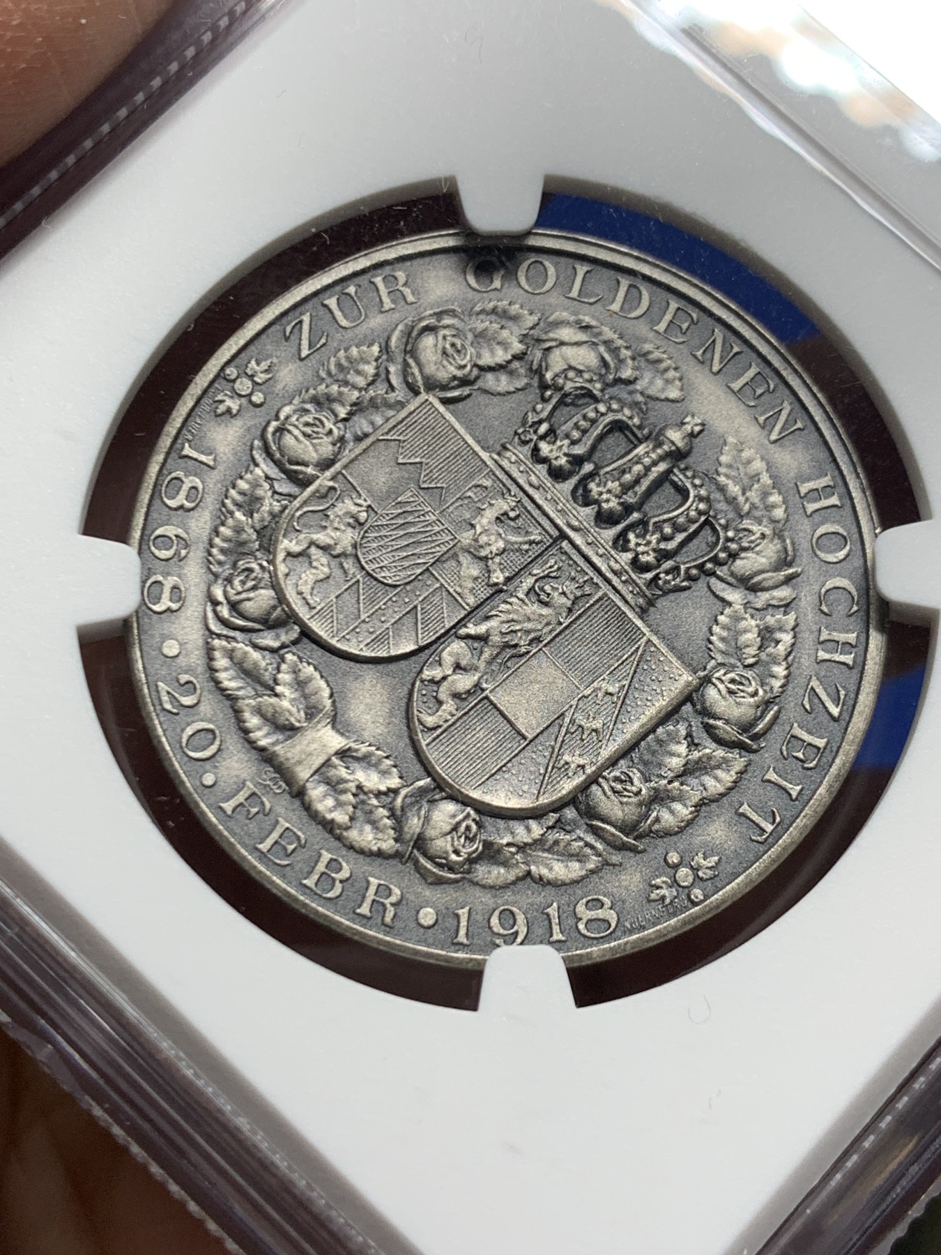 《竞宝斋》第249场-周日，周一 ，周二3场连拍 (全场包邮) NGC  MS65  德国  1918  巴伐利亚路德维希金婚纪念银章，冠军分数，顶级品相