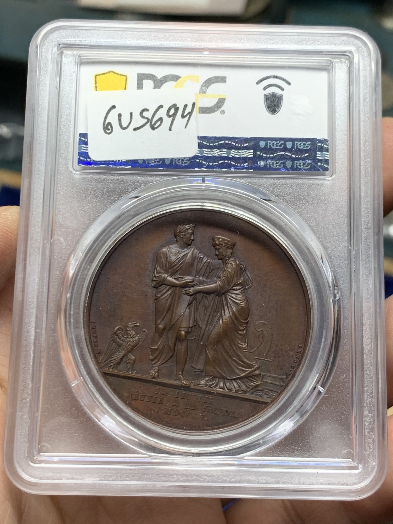 《竞宝斋》第249场-周日，周一 ，周二3场连拍 (全场包邮) PCGS  SP64  法国  1805  拿破仑吞并利古里亚铜章，PCGS加厚盒子