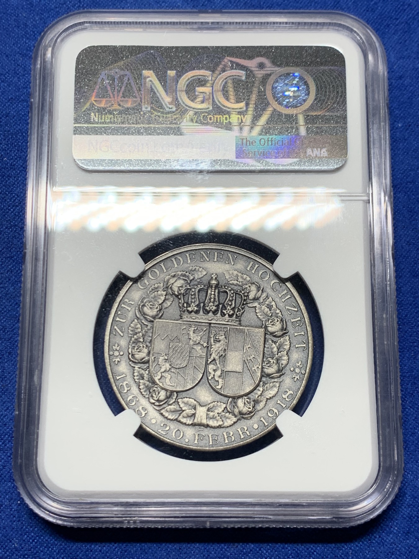 《竞宝斋》第249场-周日，周一 ，周二3场连拍 (全场包邮) NGC  MS65  德国  1918  巴伐利亚路德维希金婚纪念银章，冠军分数，顶级品相