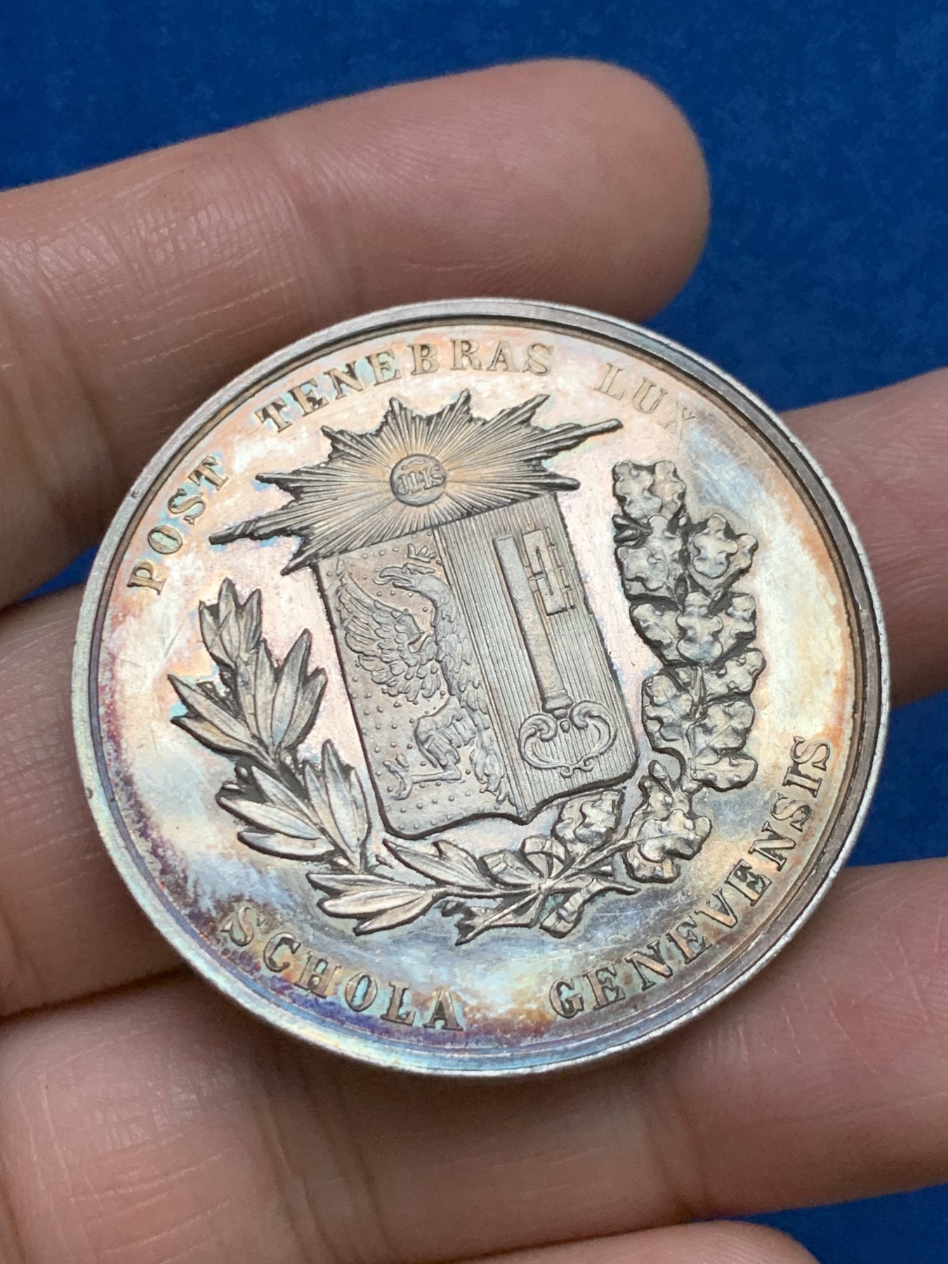 《竞宝斋》第249场-周日，周一 ，周二3场连拍 (全场包邮) 1850年代瑞士日内瓦学院银章，直径41.3mm，约28.1克