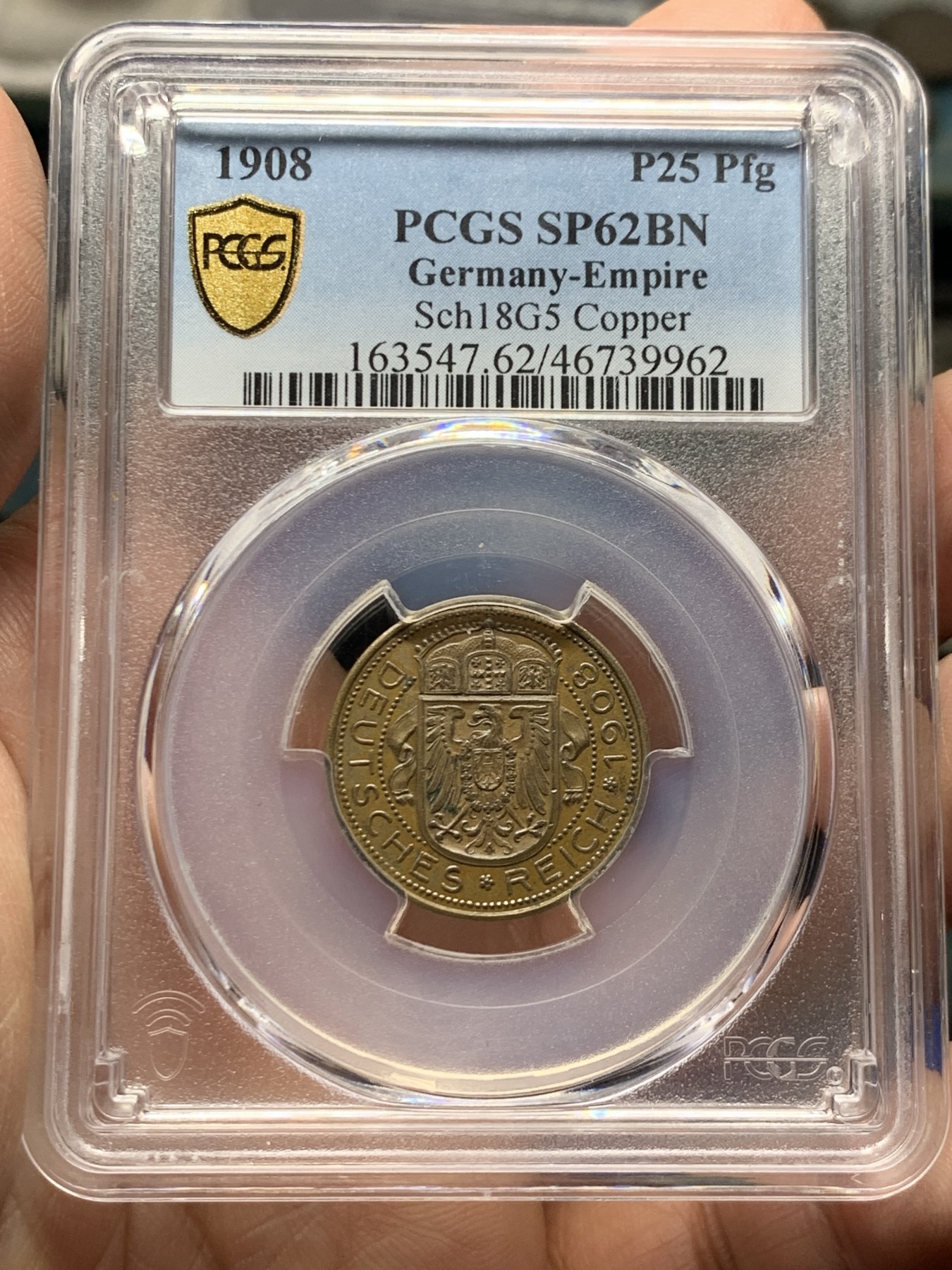 《竞宝斋》第249场-周日，周一 ，周二3场连拍 (全场包邮) PCGS  SP62BN  德国  1908年  25芬尼少见铜样币