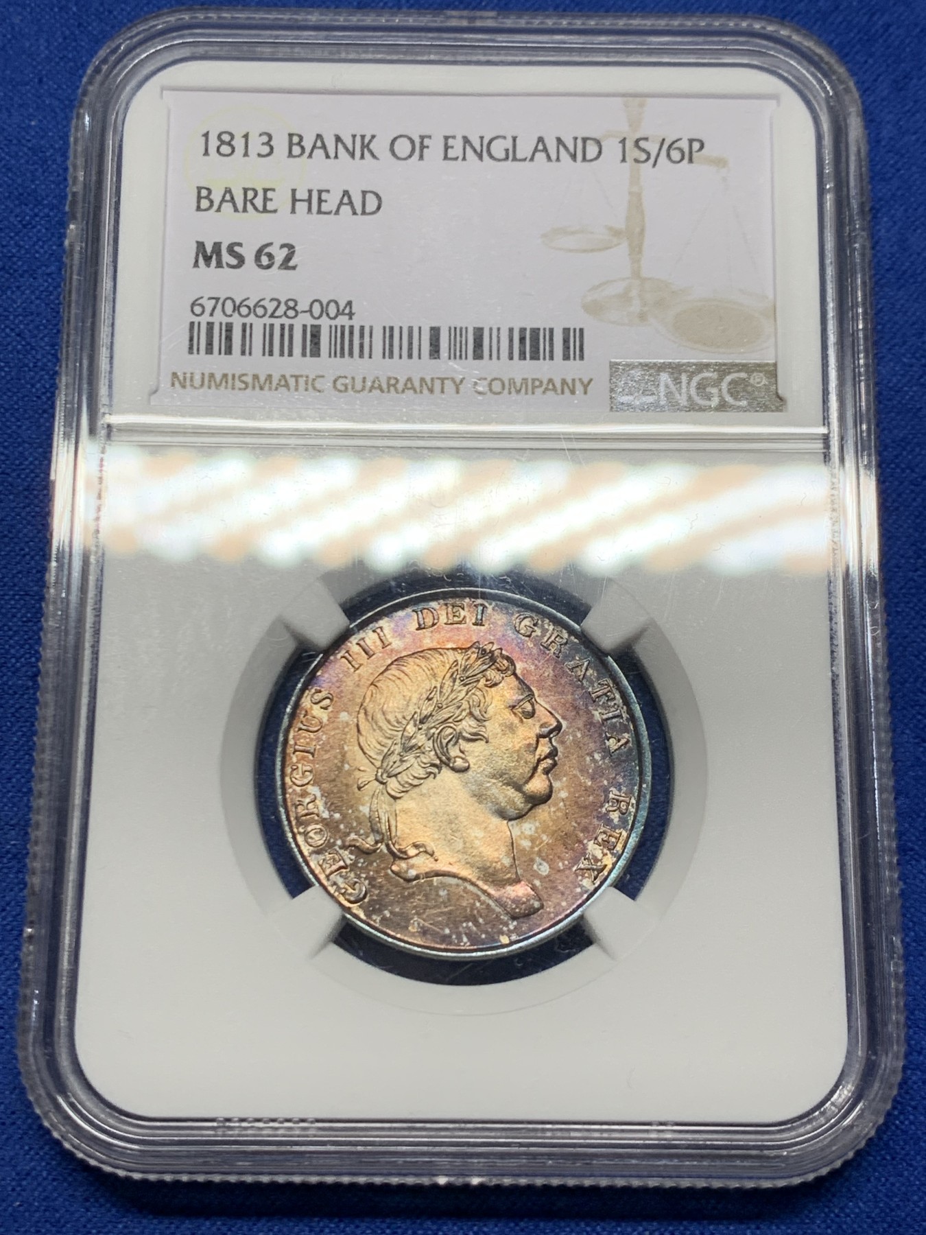 《竞宝斋》第249场-周日，周一 ，周二3场连拍 (全场包邮) NGC  MS62  英国  1813年  英格兰银行18便士，包浆非常漂亮，品相不错