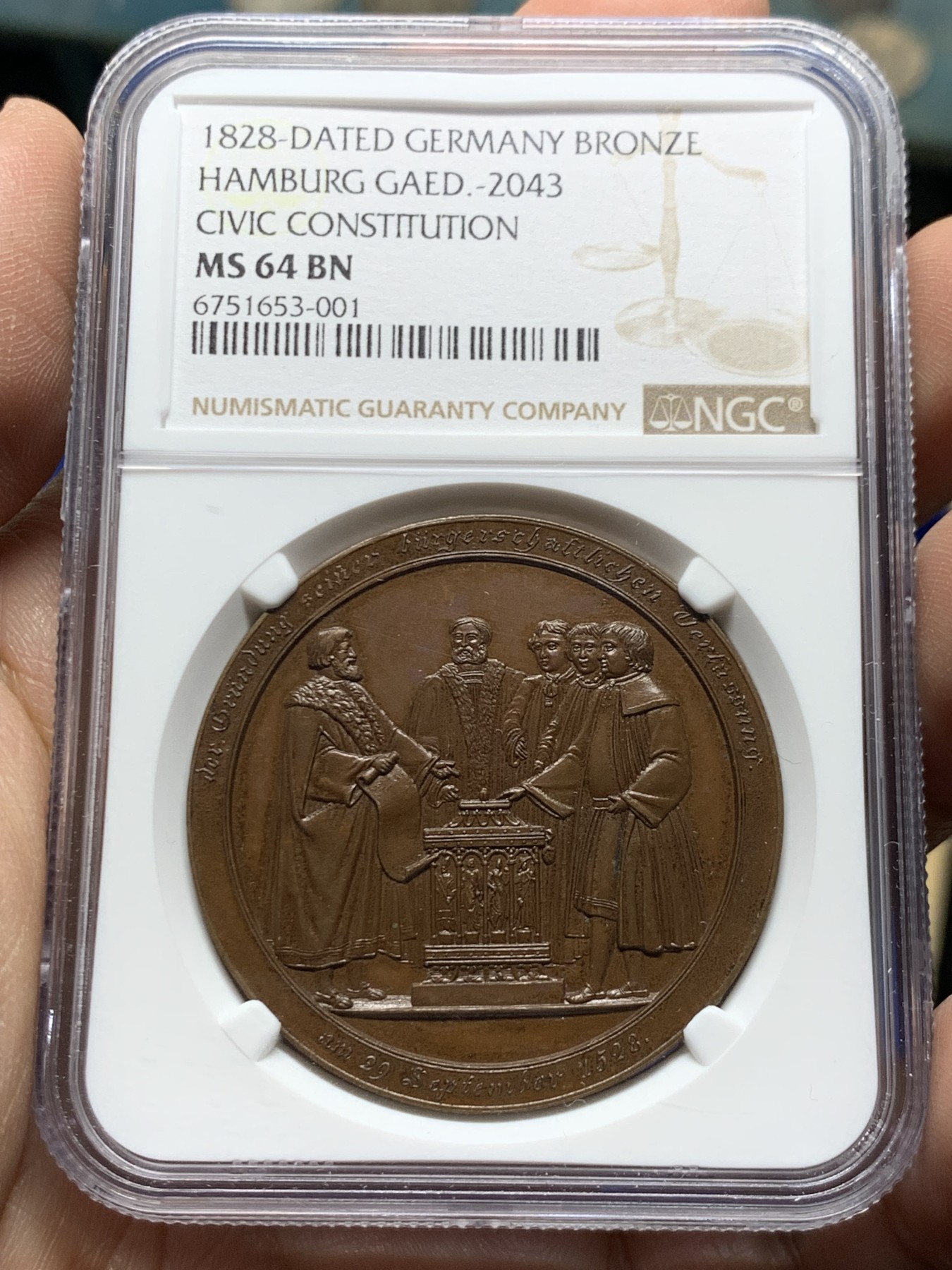 《竞宝斋》第249场-周日，周一 ，周二3场连拍 (全场包邮) NGC  MS64BN  德国  1828  汉堡公民宪法颁布300周年纪念铜章