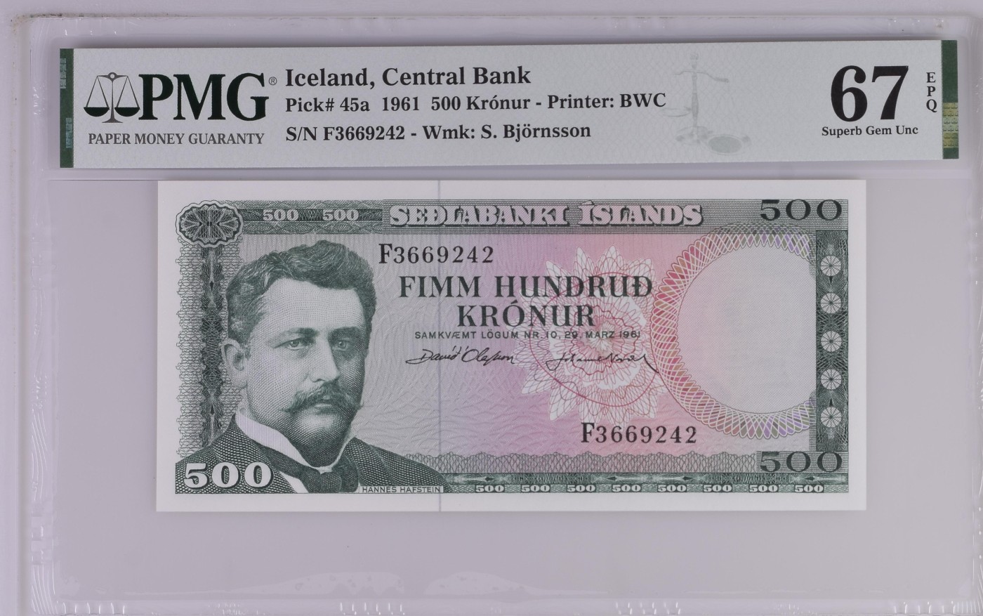 收藏联盟Quantum Auction 第331期拍卖  冰岛 1961年500克朗 PMG67 BWC代印
