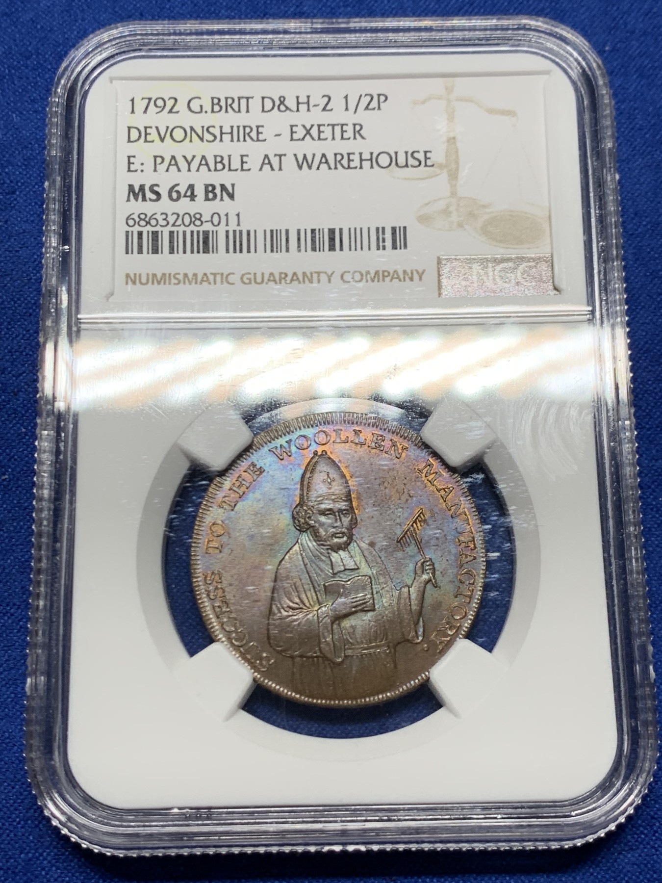 《竞宝斋》第249场-周日，周一 ，周二3场连拍 (全场包邮) NGC  MS64BN  英国  1792年  德文郡埃克塞特1/2便士TOKEN代用币