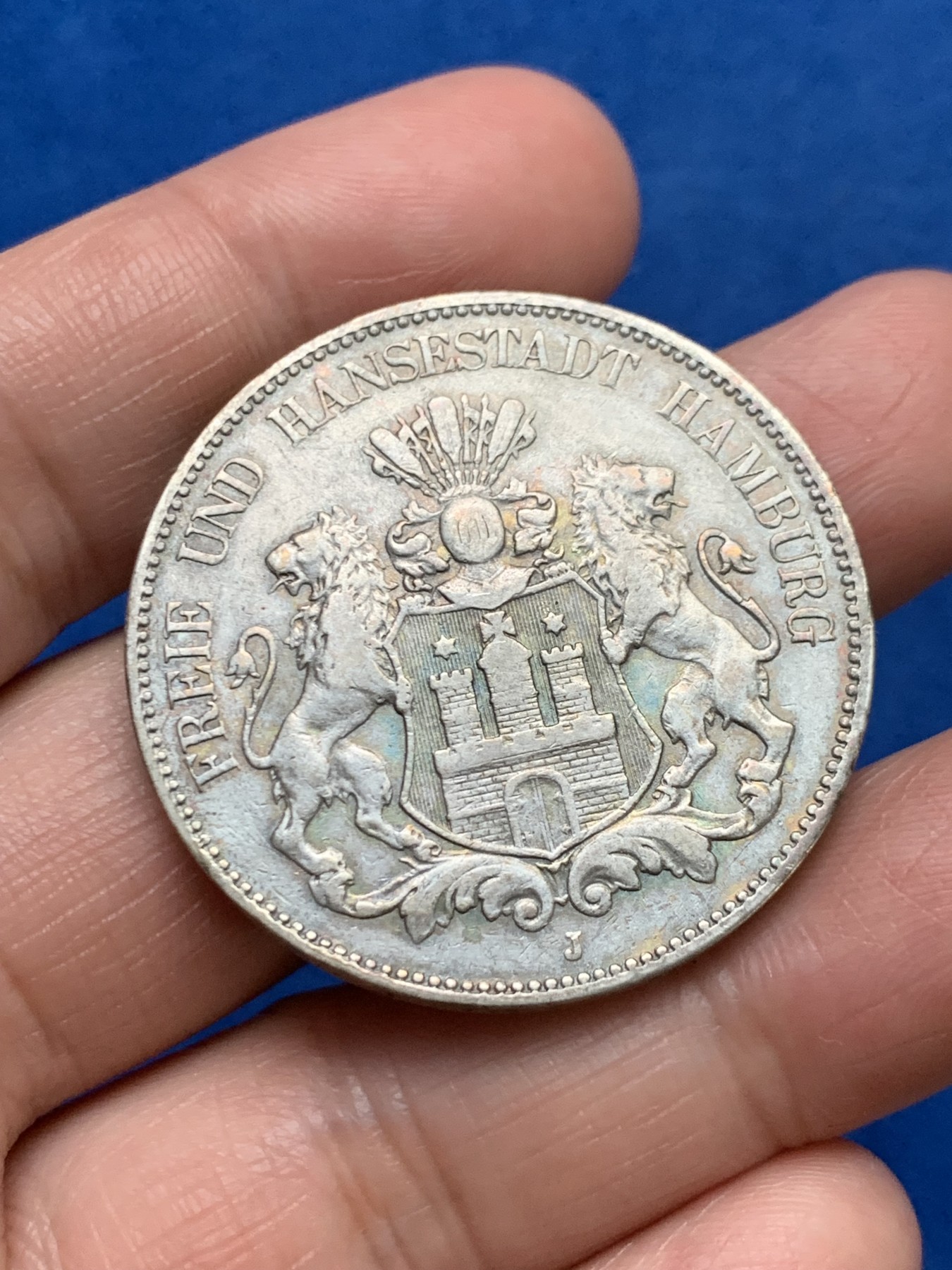 《竞宝斋》第249场-周日，周一 ，周二3场连拍 (全场包邮) 1902年德国自由市汉堡5马克银币