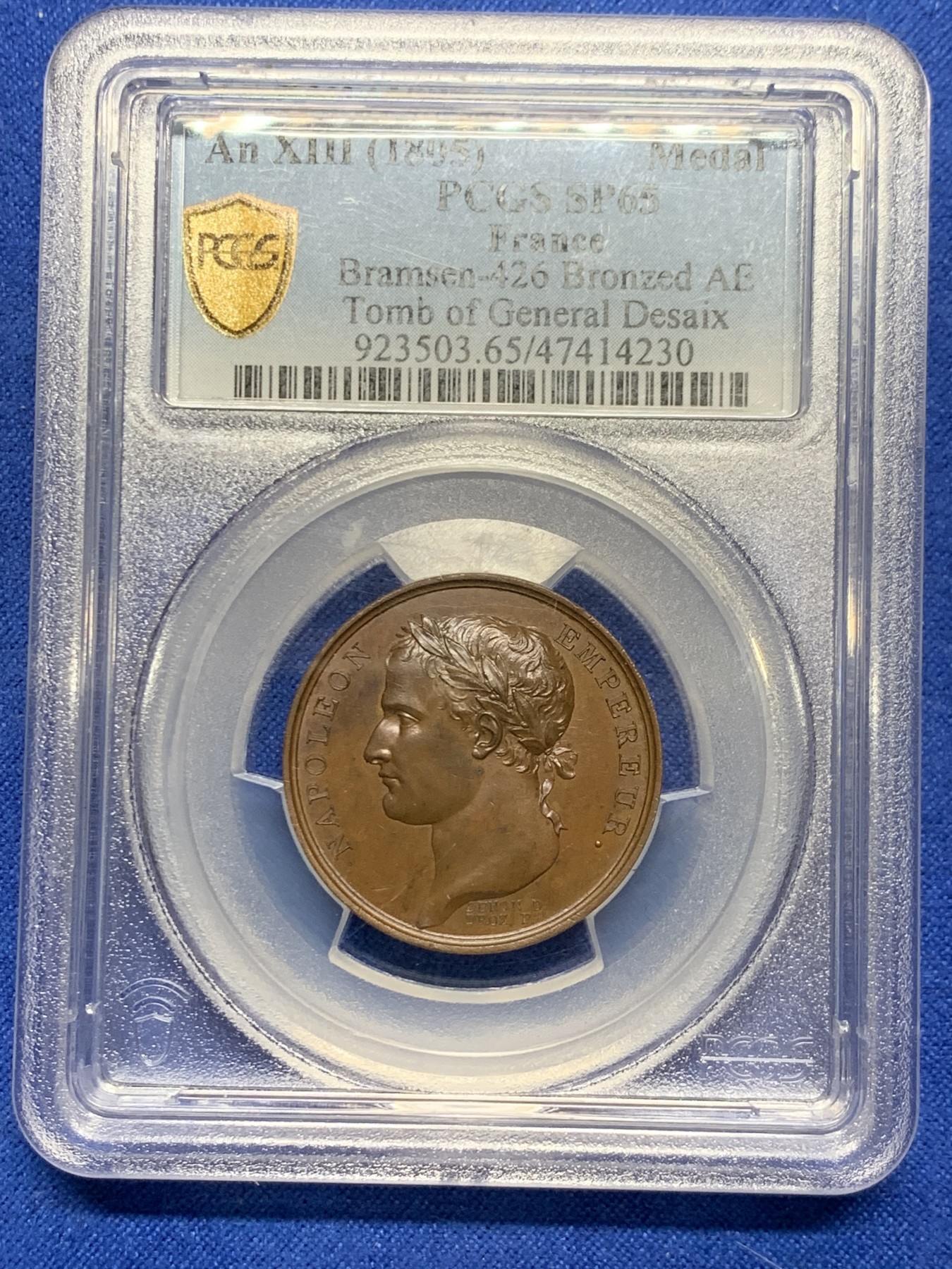 《竞宝斋》第249场-周日，周一 ，周二3场连拍 (全场包邮) PCGS SP65 法国共和十三年（1805）拿破仑铜章 花冠头像 背面纪念碑 唯一冠军分