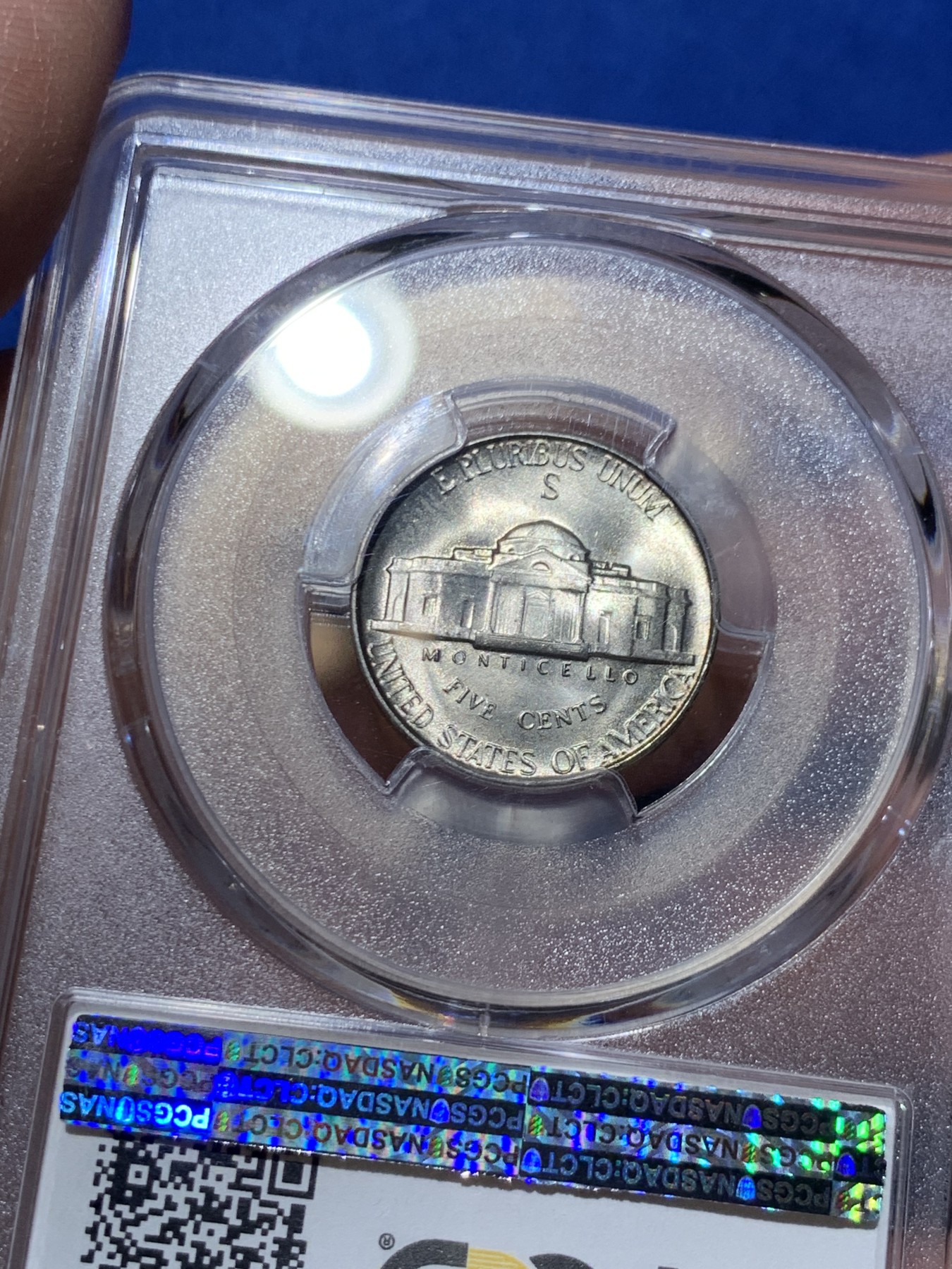 《竞宝斋》第249场-周日，周一 ，周二3场连拍 (全场包邮) PCGS MS65 美国 1945年 杰弗逊 5美分 战时低银版 仅1942-1945这几年为含银版，其余年份都是镍币