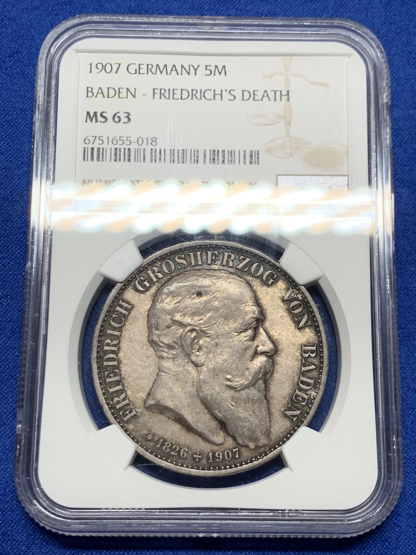 《竞宝斋》第249场-周日，周一 ，周二3场连拍 (全场包邮) NGC  MS63  德国  1907年  巴登逝世纪念5马克