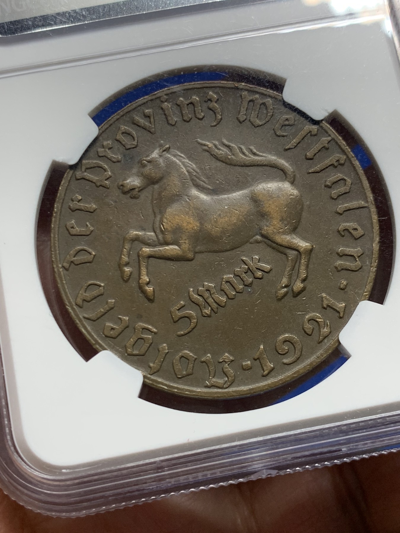 《竞宝斋》第249场-周日，周一 ，周二3场连拍 (全场包邮) NGC  AU55  魏玛德国  1921年  威斯特法伦铜5马克，马币总筋