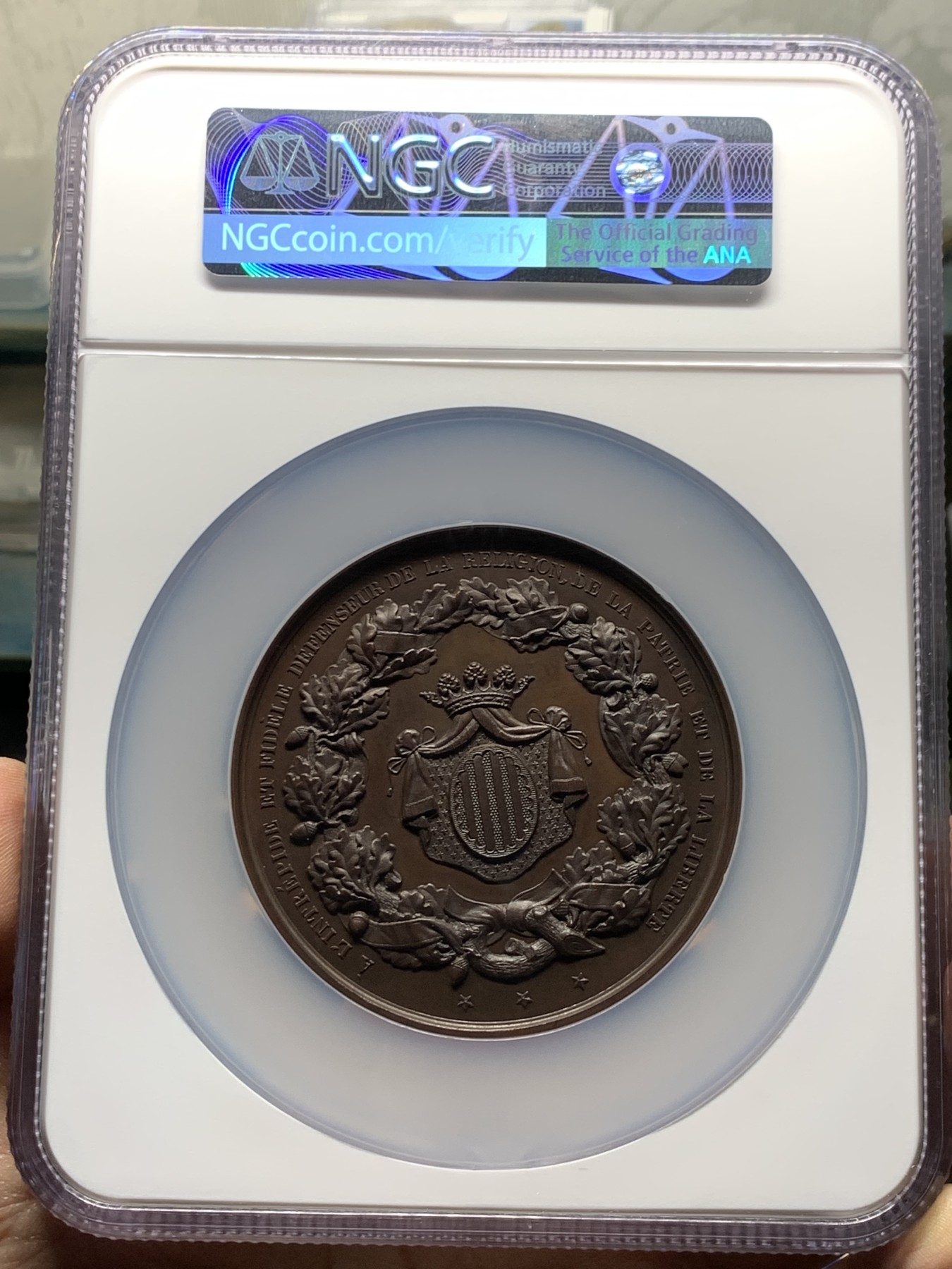 《竞宝斋》第249场-周日，周一 ，周二3场连拍 (全场包邮) NGC  MS63BN  比利时  1857  财政部长费利克铜章，很漂亮的红铜大章