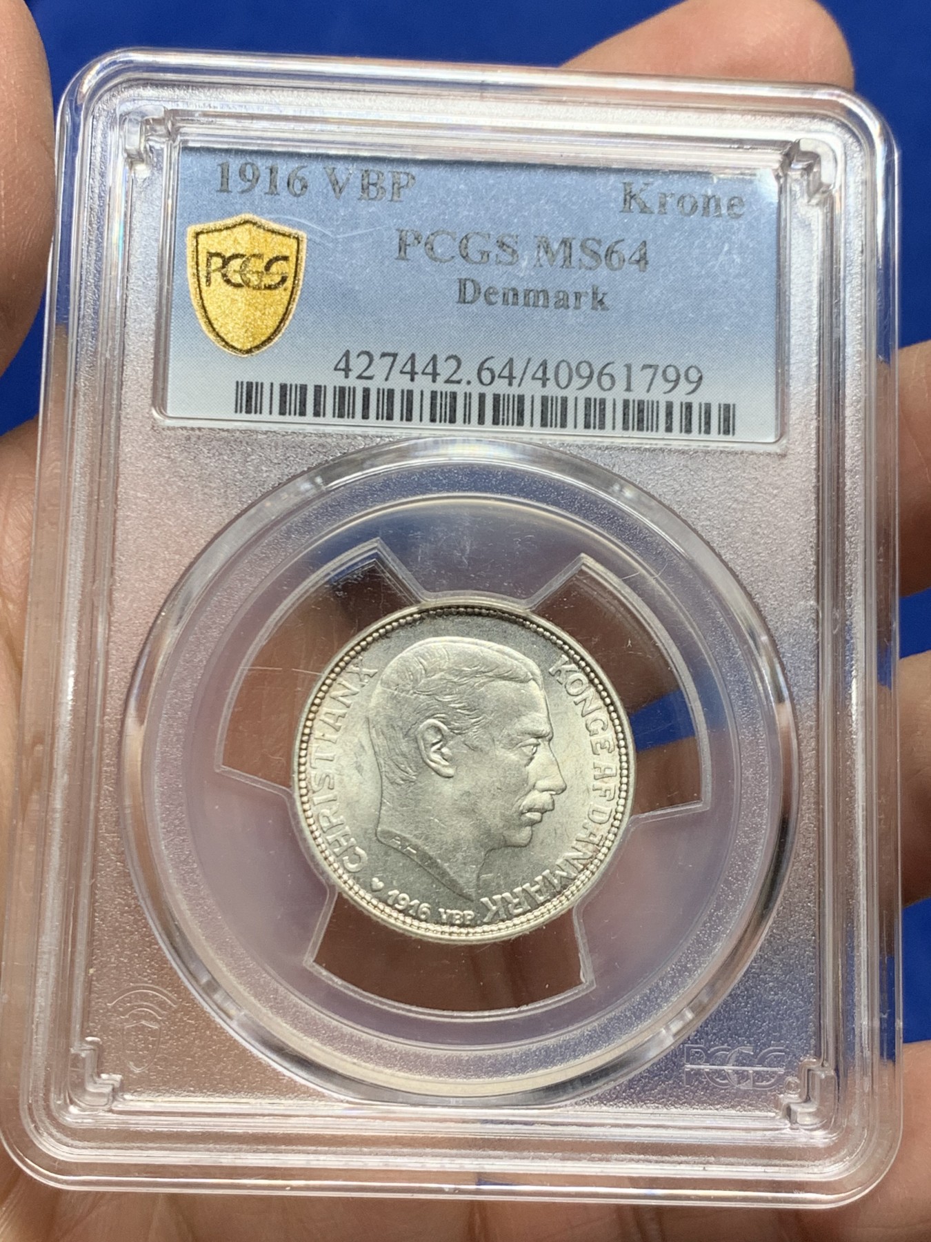 《竞宝斋》第249场-周日，周一 ，周二3场连拍 (全场包邮) PCGS  MS64  丹麦  1916年  克里斯蒂安十世克朗