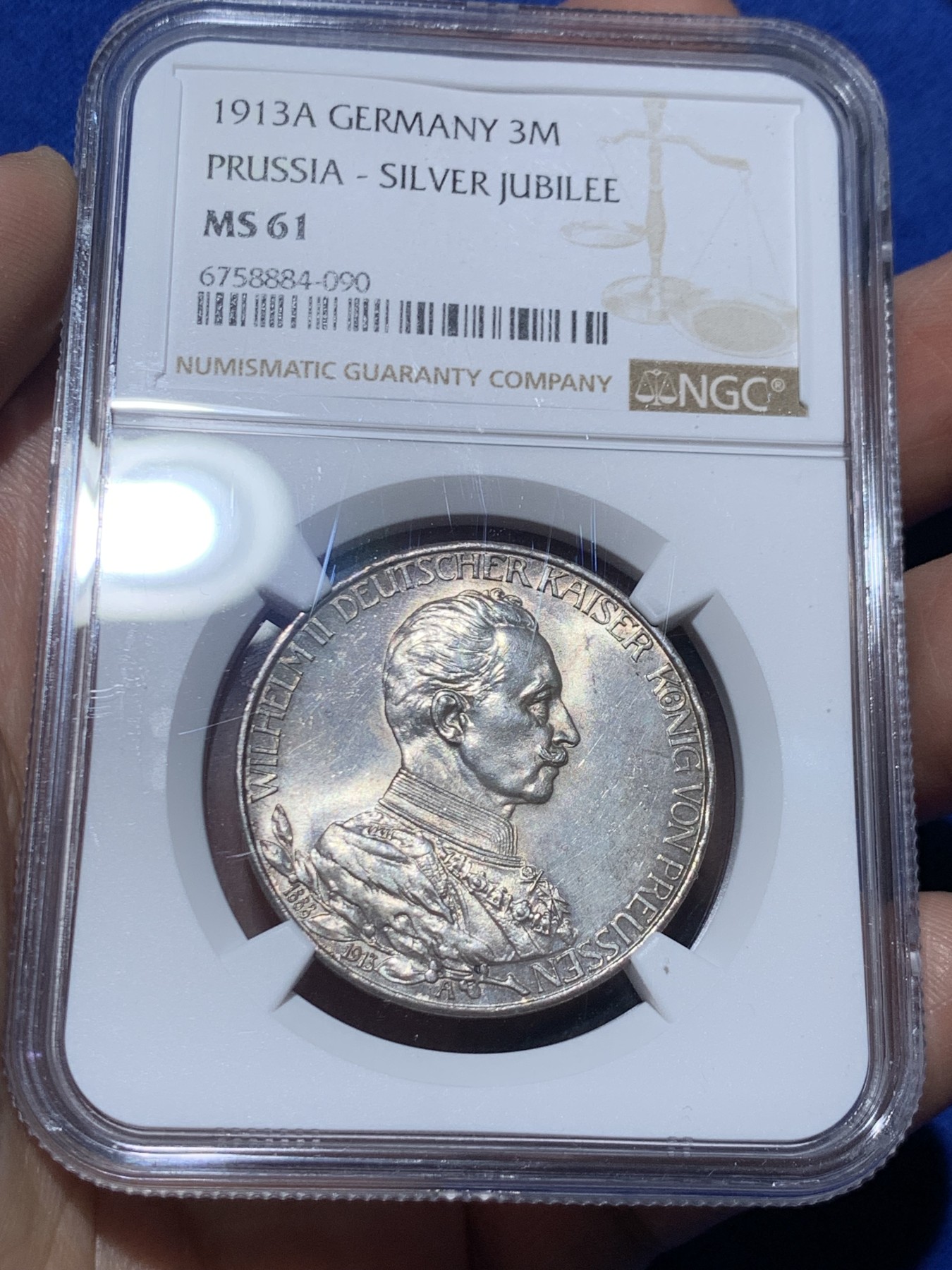 《竞宝斋》第249场-周日，周一 ，周二3场连拍 (全场包邮) NGC MS61 德国普鲁士1913年威廉二世花枝3马克银币 胡子眉毛盾徽细节清晰