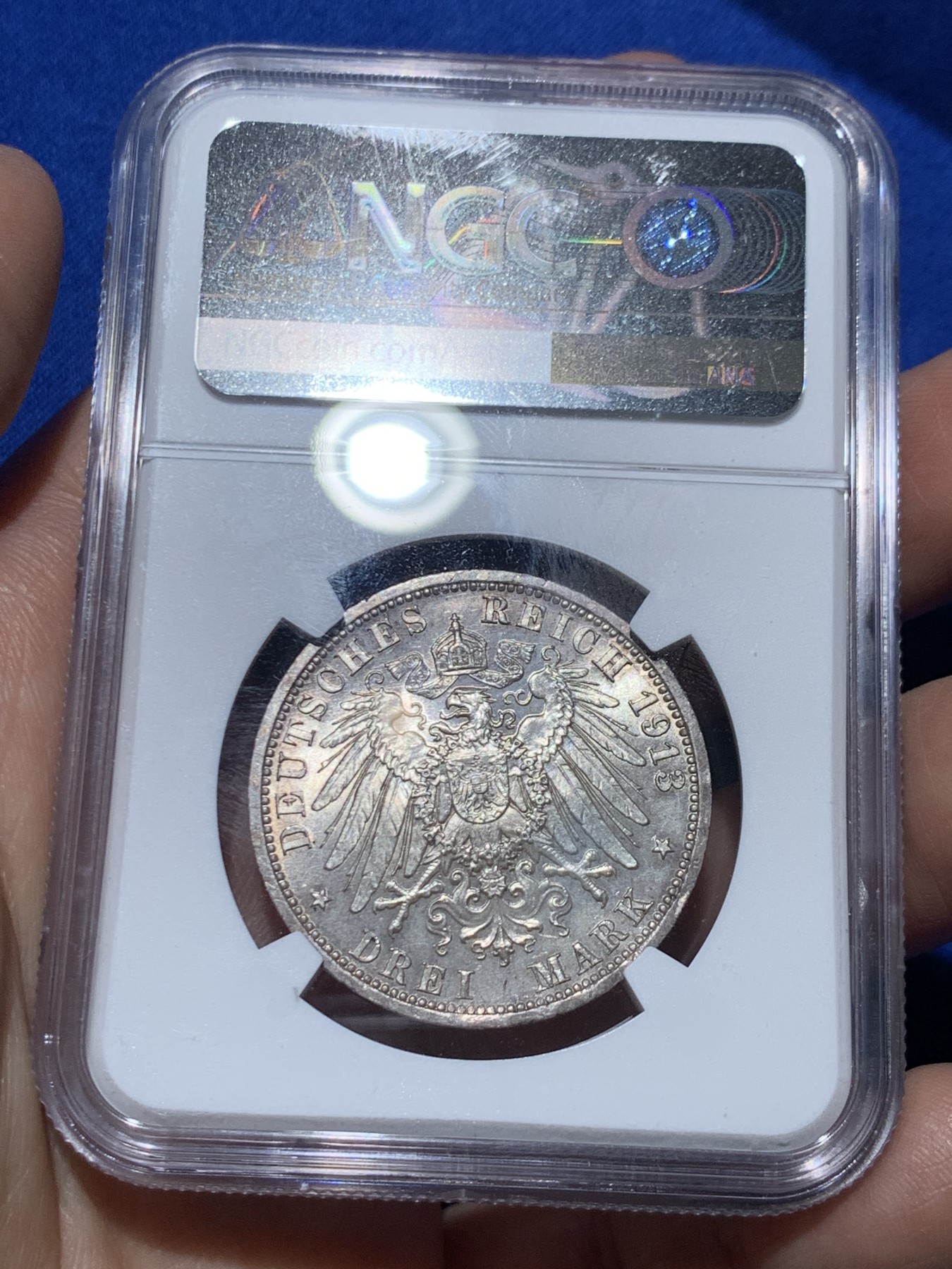 《竞宝斋》第249场-周日，周一 ，周二3场连拍 (全场包邮) NGC MS61 德国普鲁士1913年威廉二世花枝3马克银币 胡子眉毛盾徽细节清晰