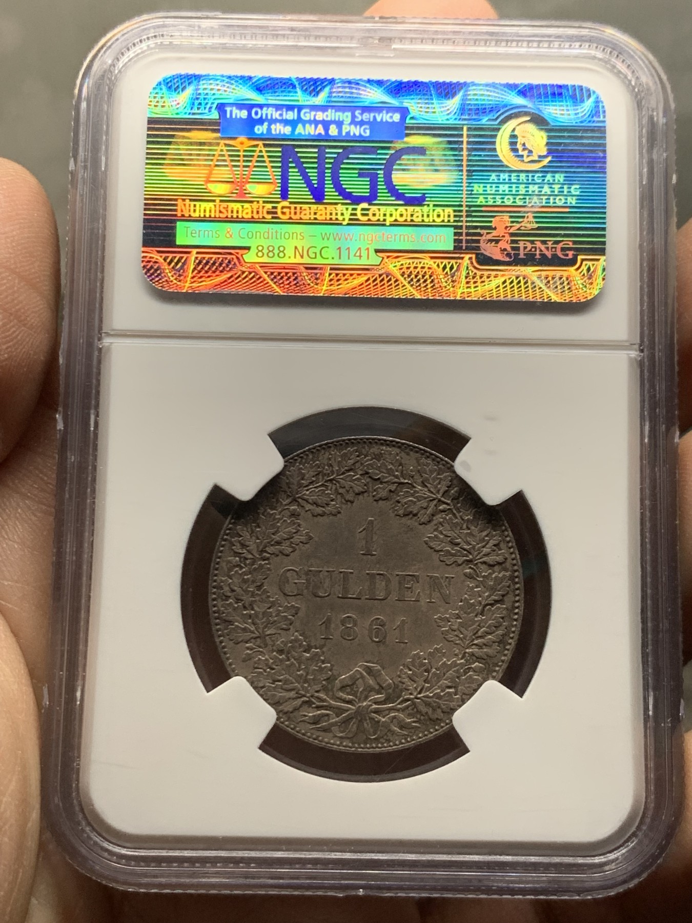 《竞宝斋》第249场-周日，周一 ，周二3场连拍 (全场包邮) NGC  MS63  德国  1861年  法兰克福1盾，比常见的法兰克福少女泰勒少很多，品相不错