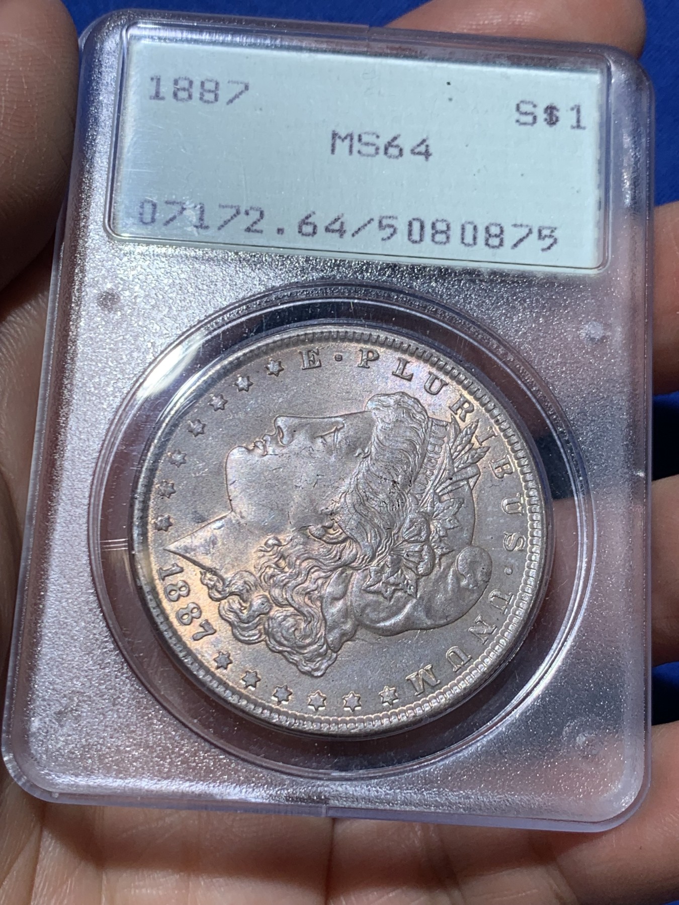 《竞宝斋》第249场-周日，周一 ，周二3场连拍 (全场包邮) PCGS MS64 美国 1887年 摩根银币 rattler 一代盒 正面淡紫包浆 鹰面银光十足 绝版盒子+低评品质