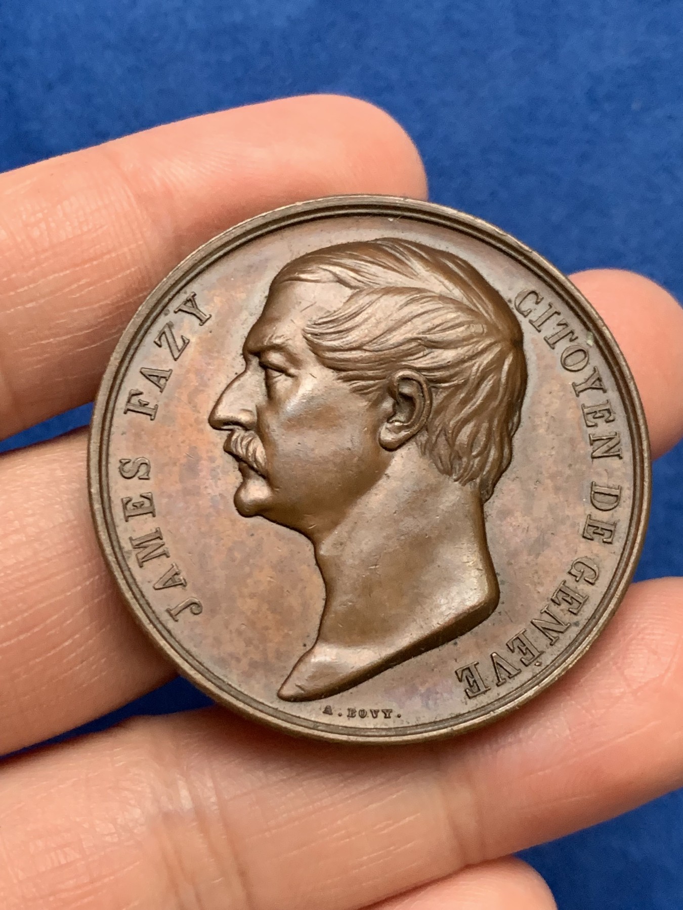 《竞宝斋》第249场-周日，周一 ，周二3场连拍 (全场包邮) 1855 瑞士日内瓦詹姆斯荣誉铜章，直径41.5mm，约36.6克