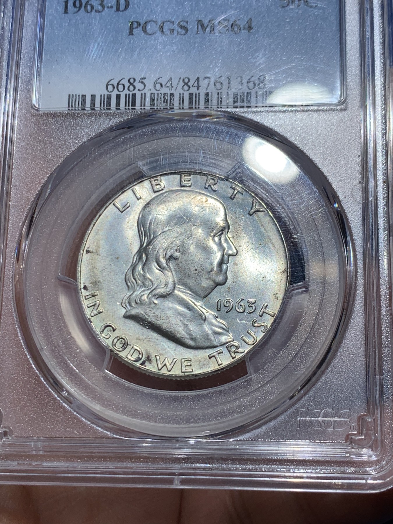 《竞宝斋》第249场-周日，周一 ，周二3场连拍 (全场包邮) PCGS MS64 美国1963年D版富兰克林50分银币