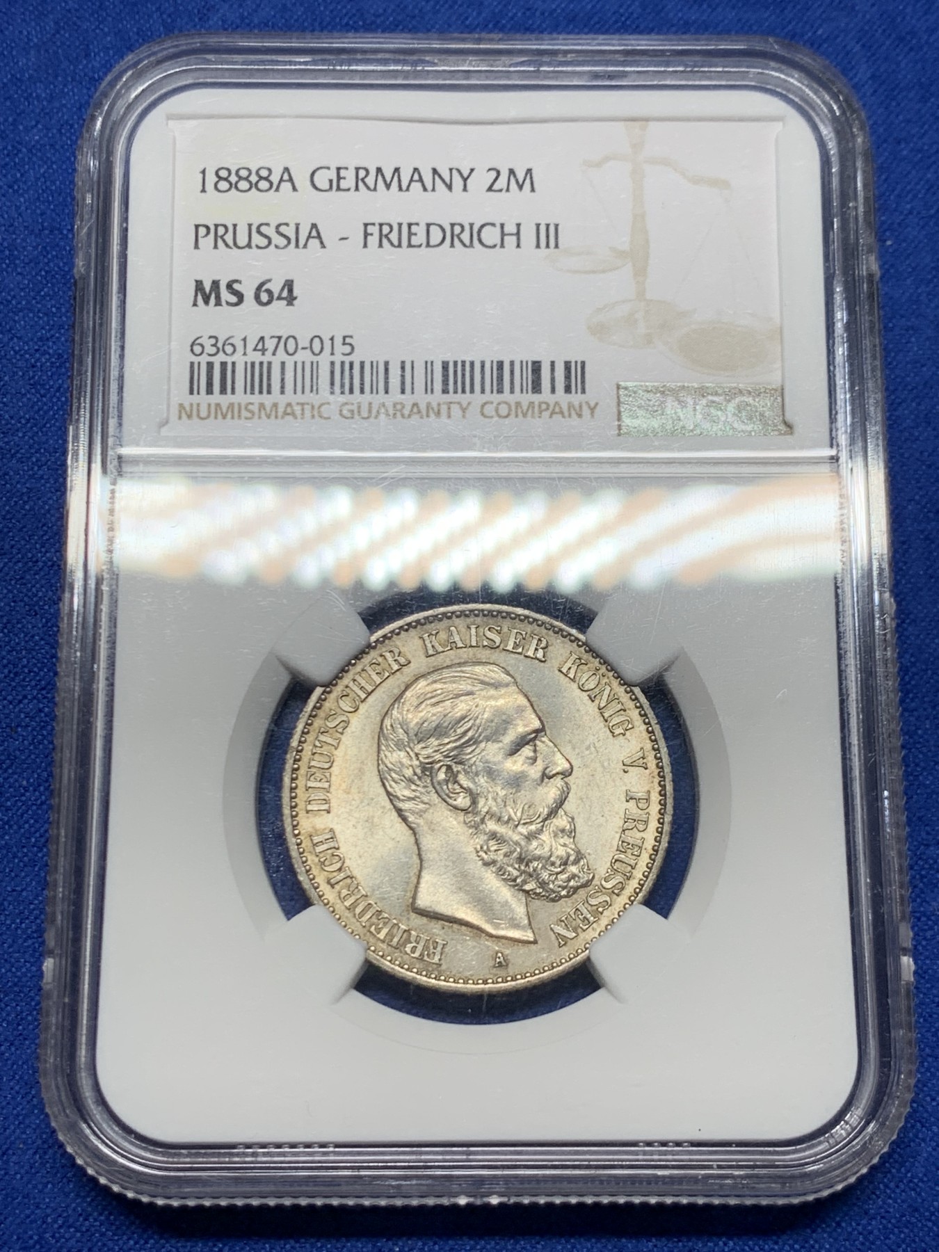 《竞宝斋》第249场-周日，周一 ，周二3场连拍 (全场包邮) NGC  MS64  德国  1888年  普鲁士弗里德里希2马克