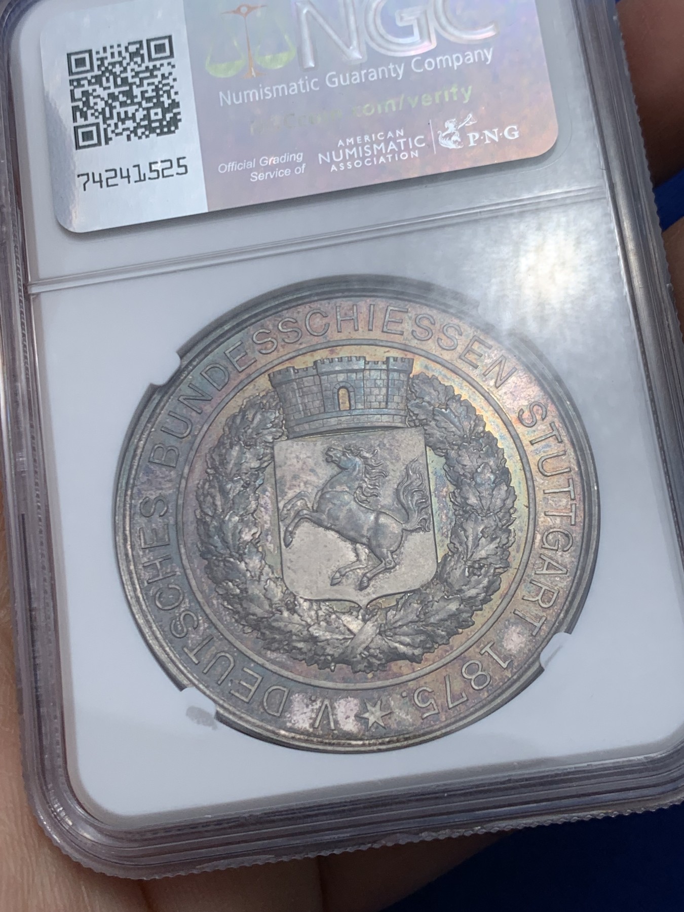 《竞宝斋》第249场-周日，周一 ，周二3场连拍 (全场包邮) NGC MS62 德国1875斯图加特射击节纪念银章 镜面底板 双面五彩包浆