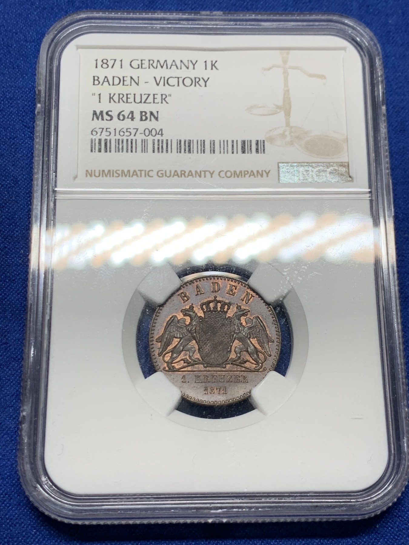《竞宝斋》第249场-周日，周一 ，周二3场连拍 (全场包邮) NGC  MS64BN  德国  1871年  巴登胜利克鲁泽，普法战争胜利克鲁泽，品相不错