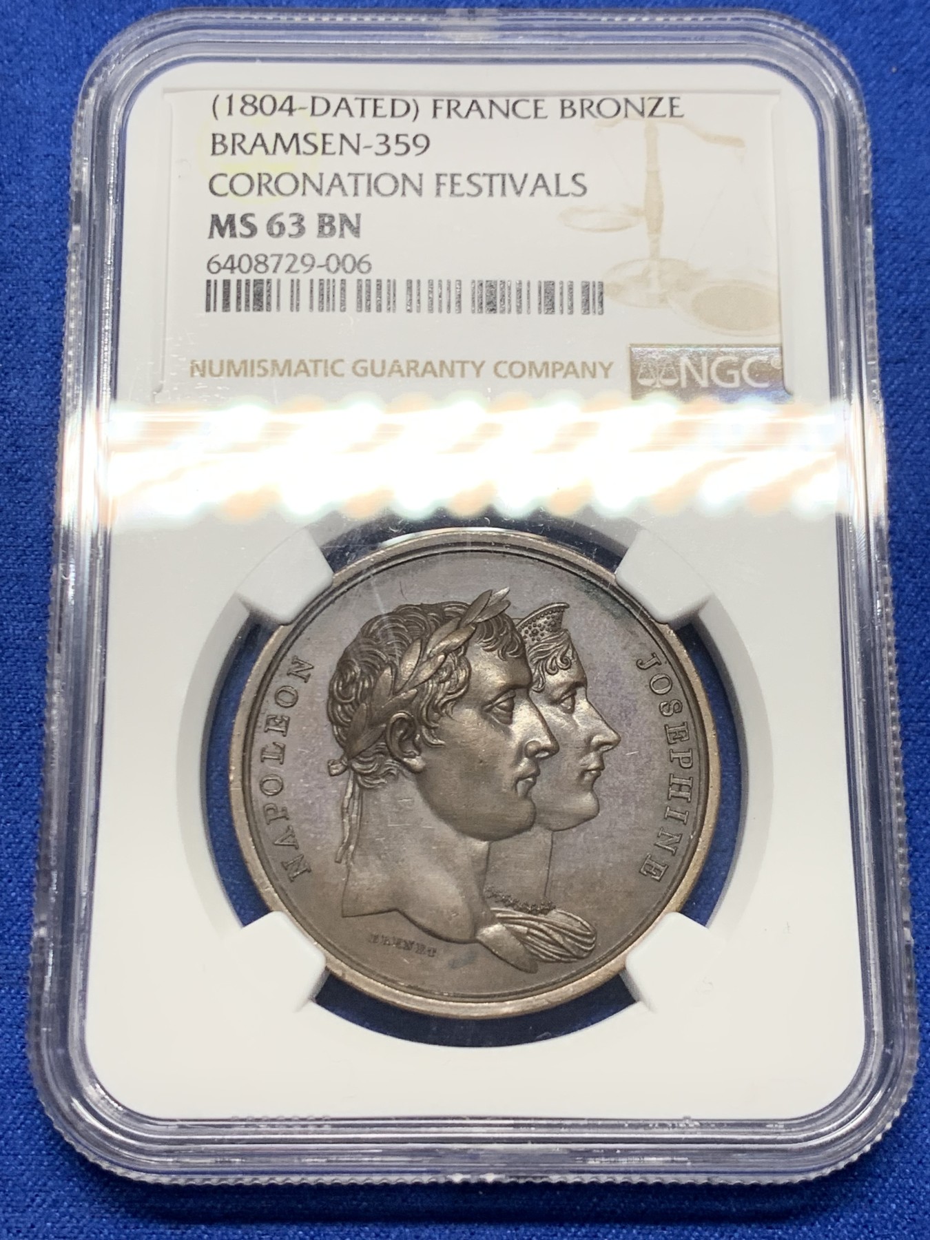 《竞宝斋》第250场-周日，周一 ，周二3场连拍 (全场包邮) NGC-MS62 法国1804年拿破仑与约瑟芬加冕典礼纪念铜章，早期光边原铸