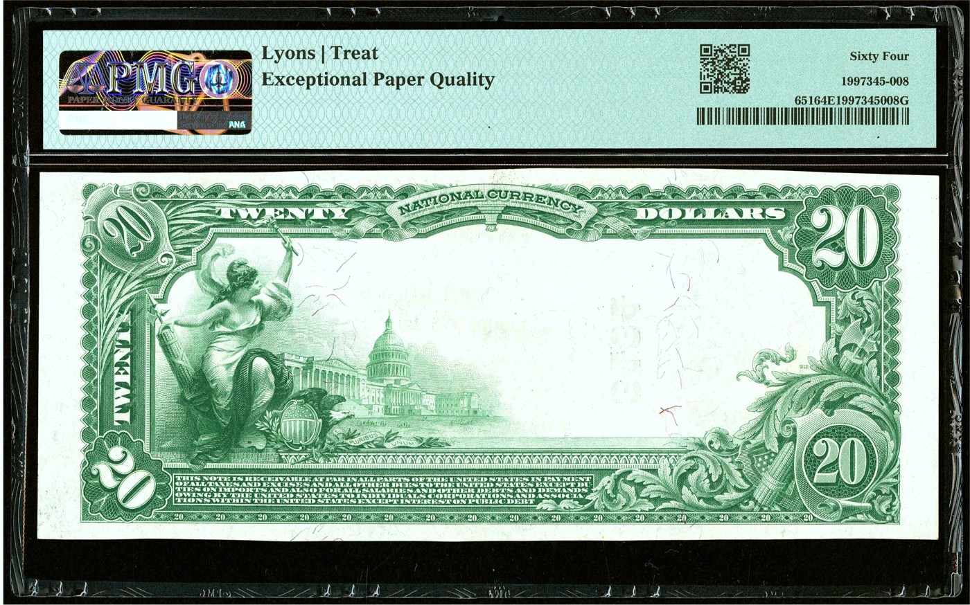 【Blue Auction】✨世界纸币精拍第448期【精】 【POP1/1 非常罕见版本 千位小号 手签潇洒】美国 堪萨斯州 1902年20美金 PMG64EPQ 近GEM品相 大票幅 正面人物为前财政部长休-麦卡洛克 背面美国财政部和国会大厦 半裸的女神 雄鹰 雕刻精美 