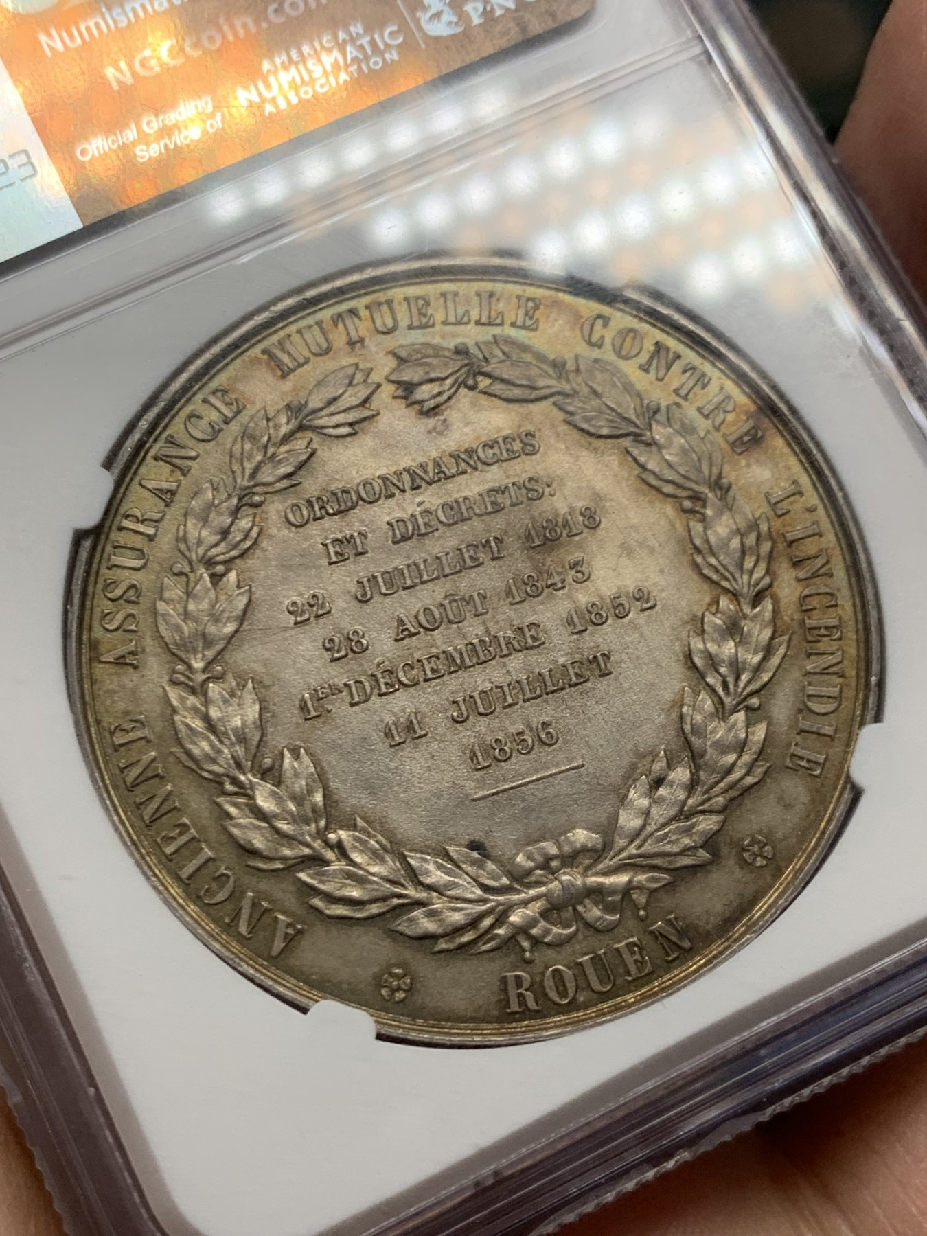 《竞宝斋》第250场-周日，周一 ，周二3场连拍 (全场包邮) NGC-MS64 法国银质纪念奖章，鲁昂火灾保险公司