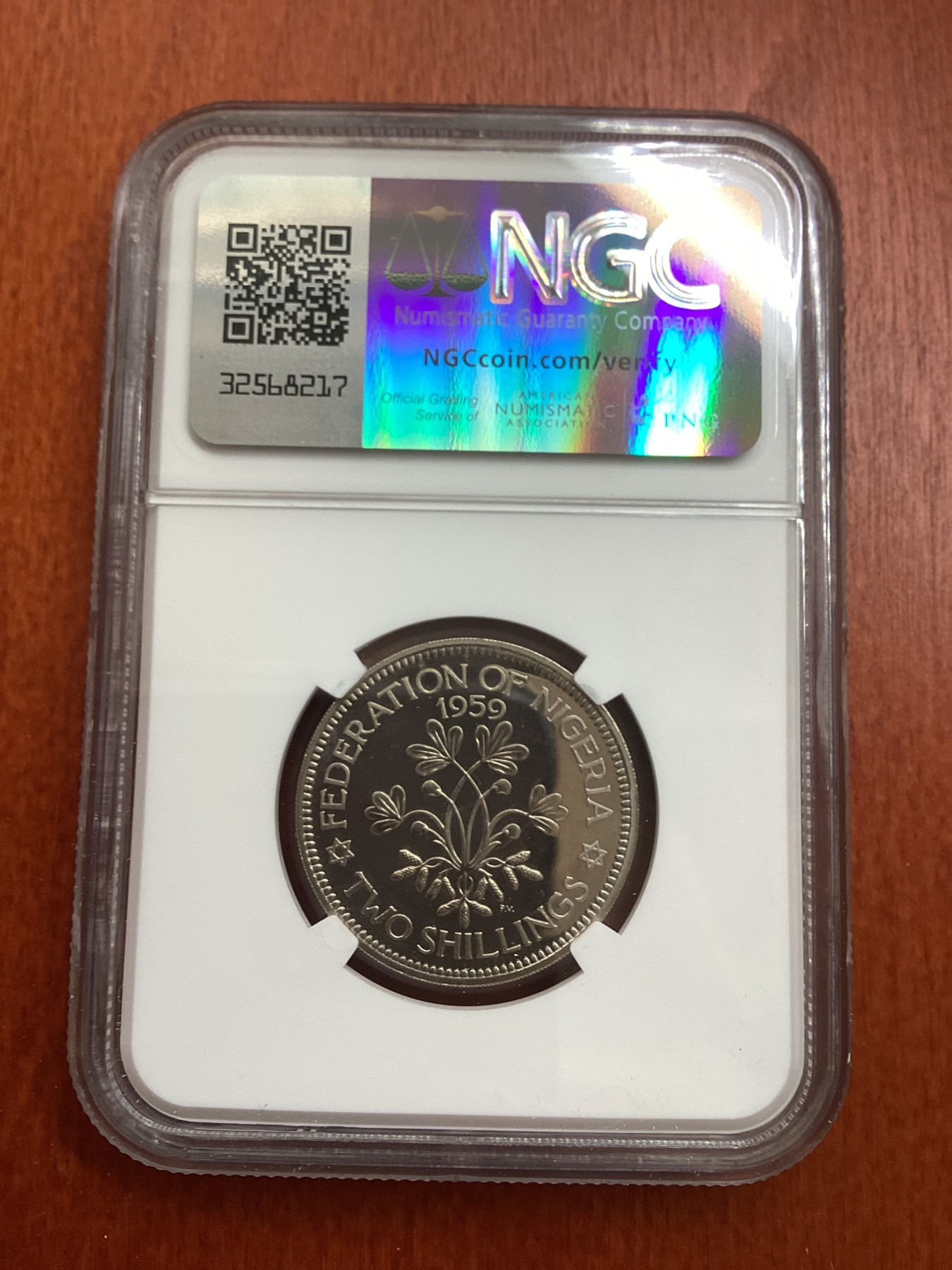 长老汇龙年精选第三场 1959 尼日利亚伊丽莎白二2先令精制铜镍币，NGC PF65，并列冠军分，发行量6031枚