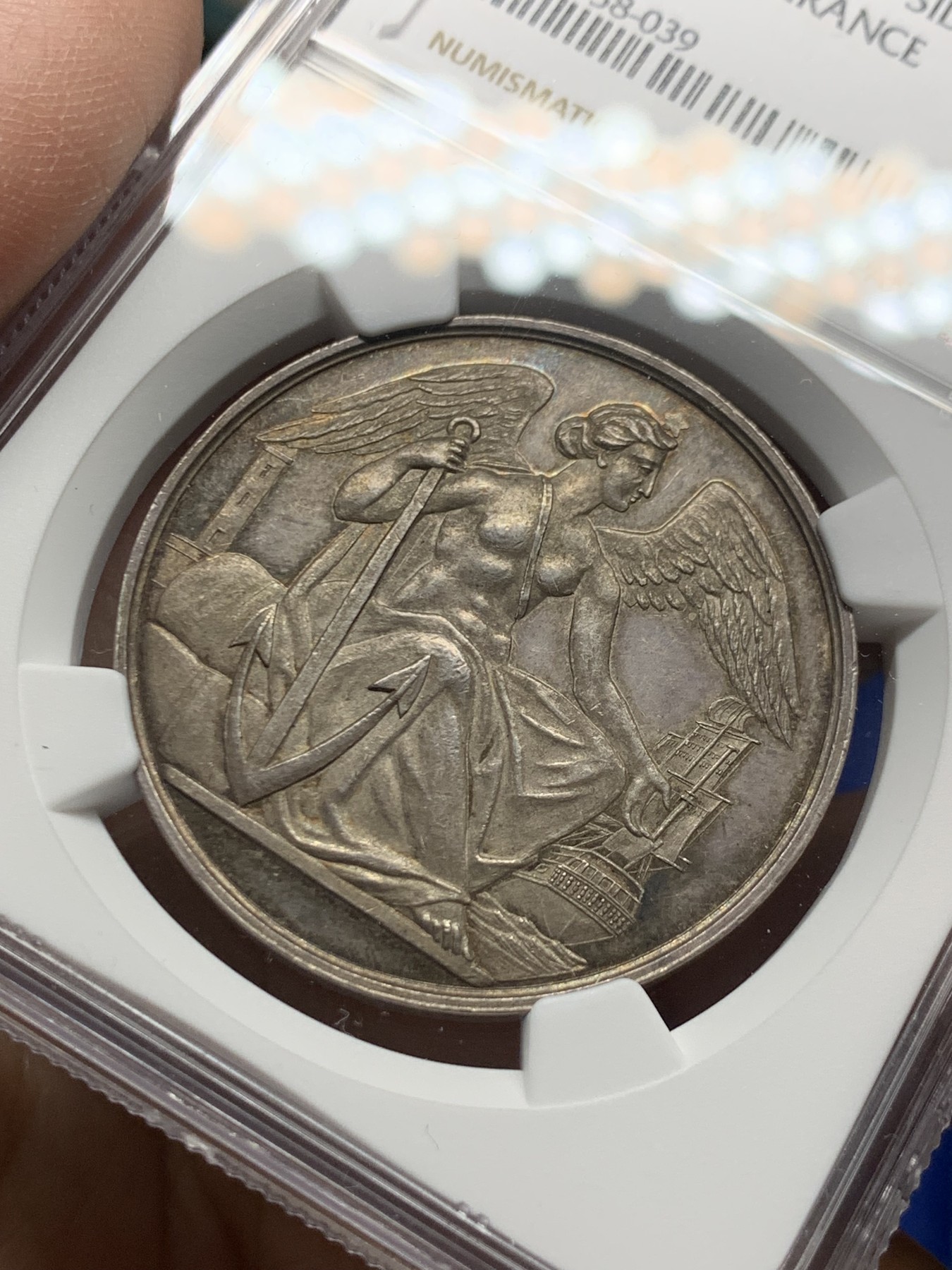 《竞宝斋》第250场-周日，周一 ，周二3场连拍 (全场包邮) NGC-MS63 法国海上保险公司银质jeton，早期无边铭，极少见品种