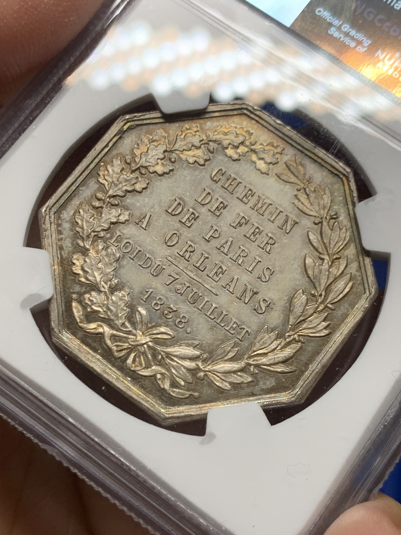 《竞宝斋》第250场-周日，周一 ，周二3场连拍 (全场包邮) NGC-MS63 法国八角银质代币，巴黎-奥尔良铁路通行