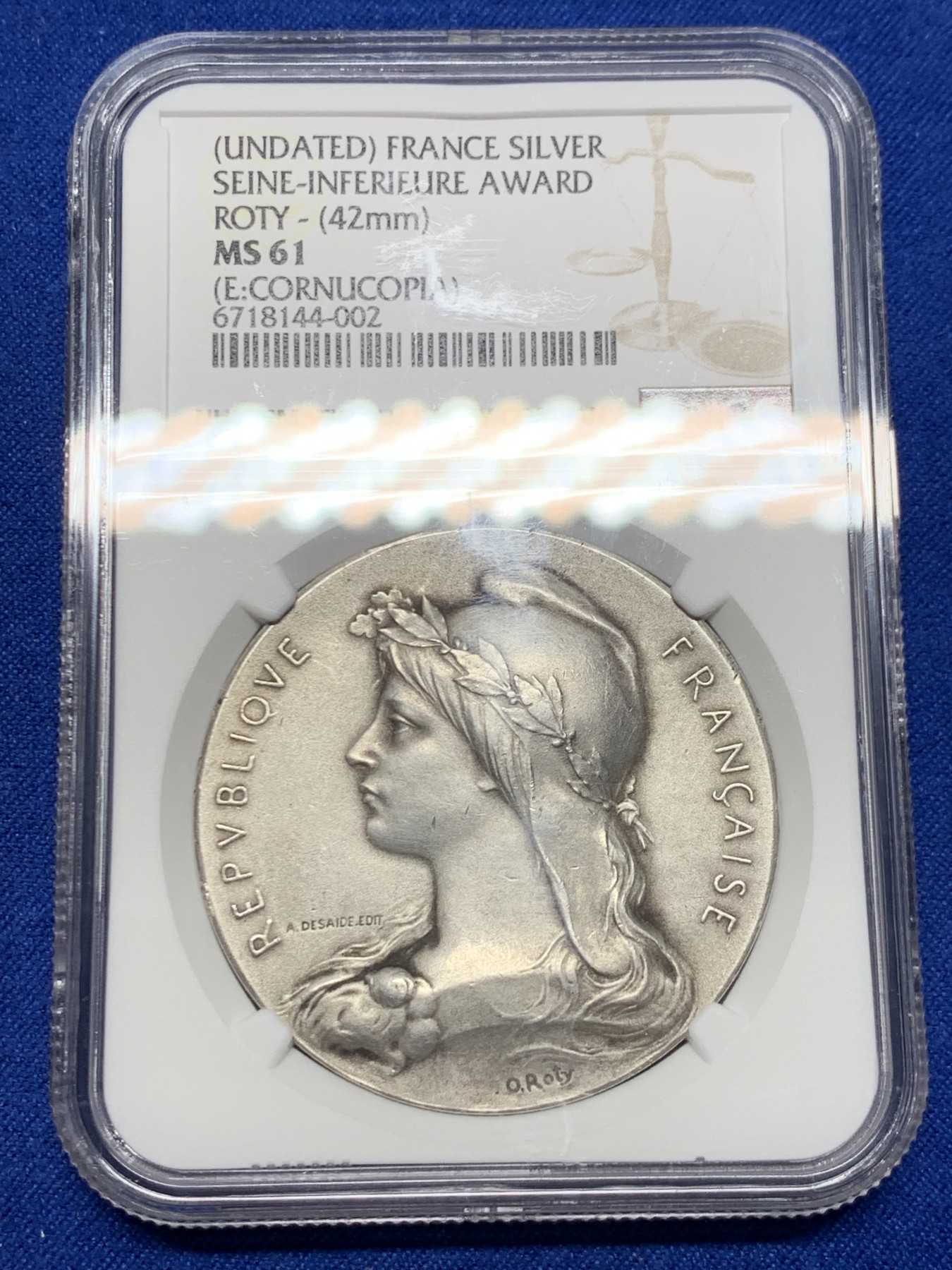 《竞宝斋》第250场-周日，周一 ，周二3场连拍 (全场包邮) NGC MS61 法国 罗蒂作品 玛丽安娜 银章 42mm大规格  经典设计 丰饶角边铭银标