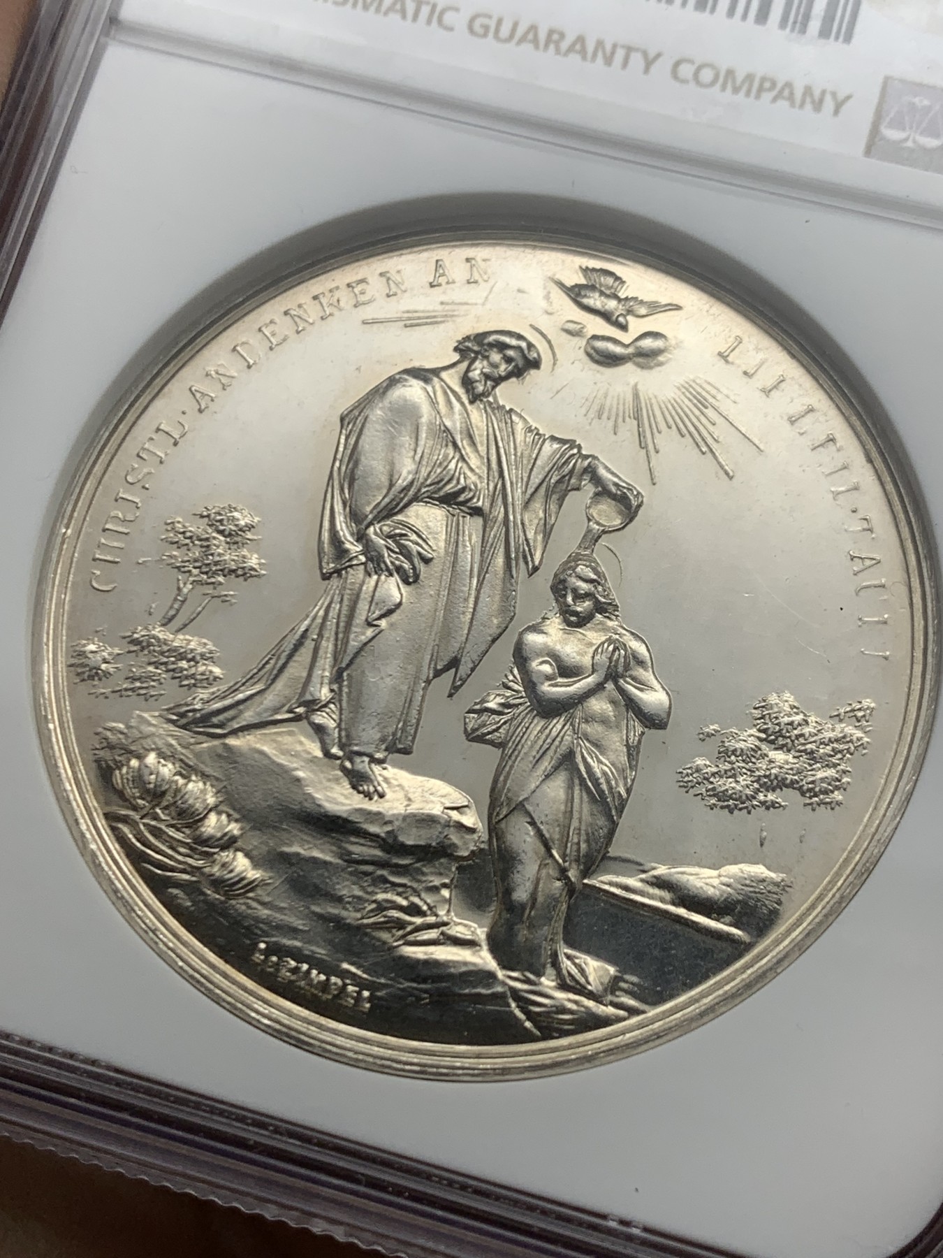 《竞宝斋》第250场-周日，周一 ，周二3场连拍 (全场包邮) NGC-MS62 德国1897年洗礼纪念银章，守护天使俯身在婴儿身旁