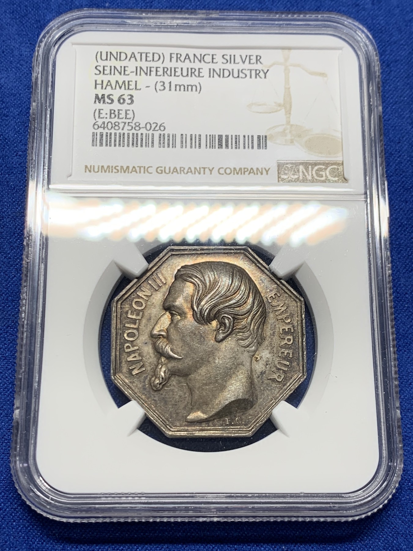 《竞宝斋》第250场-周日，周一 ，周二3场连拍 (全场包邮) NGC-MS63 法国八角银质代币，下塞纳省勃艮第城市公共教育委员会