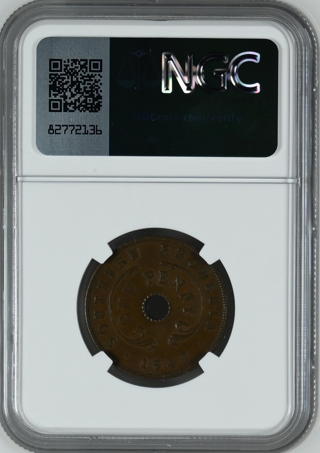 长老汇龙年精选第三场 1947南罗德西亚1便士中孔铜币，NGC AU58BN，更高分仅有7枚
