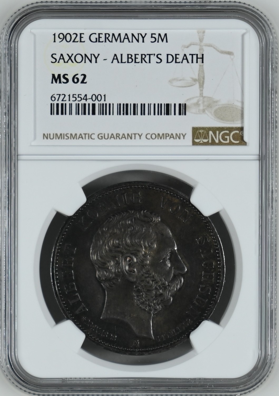 长老汇龙年精选第三场 1902E 德国撒克逊阿尔伯特逝世5马克银币，NGC MS62分，乌黑包浆