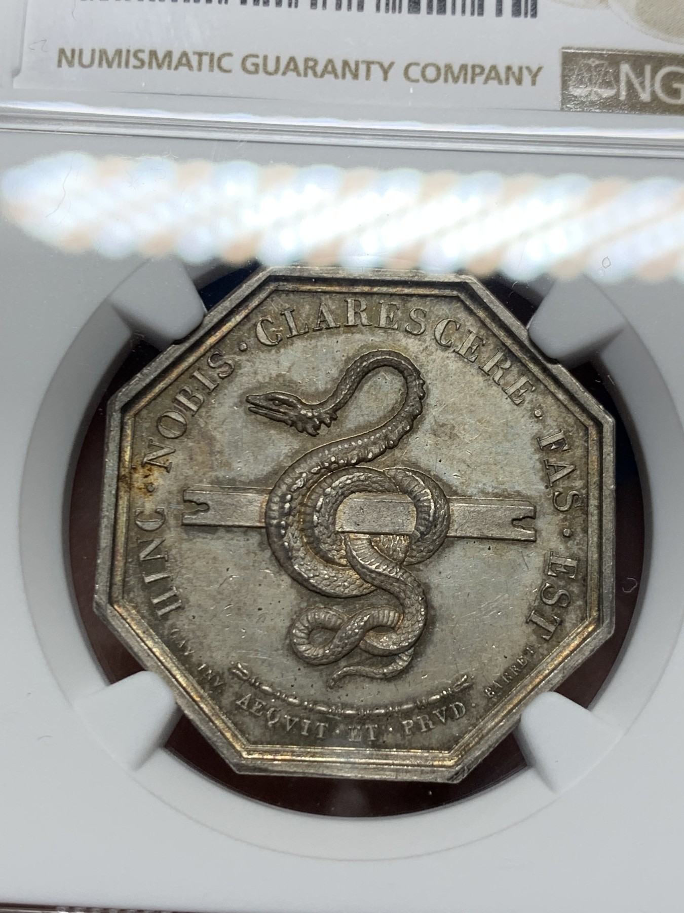 《竞宝斋》第250场-周日，周一 ，周二3场连拍 (全场包邮) NGC-MS64 法国八角银质代币，特雷武公证人，黄油包浆，蛇鳞清晰