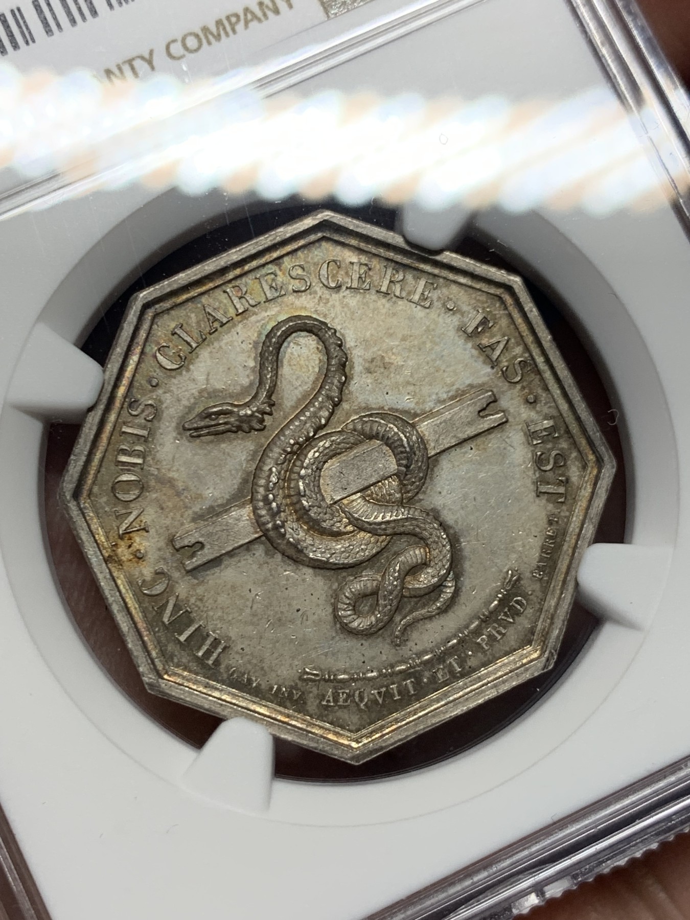 《竞宝斋》第250场-周日，周一 ，周二3场连拍 (全场包邮) NGC-MS64 法国八角银质代币，特雷武公证人，黄油包浆，蛇鳞清晰