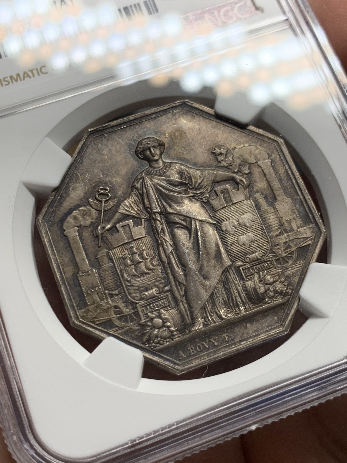 《竞宝斋》第250场-周日，周一 ，周二3场连拍 (全场包邮) NGC-MS63 法国八角银质代币，巴黎-奥尔良铁路通行