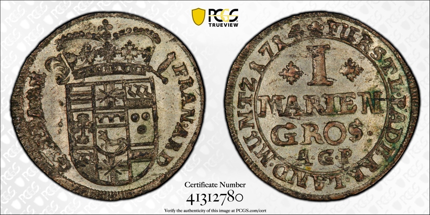 长老汇龙年精选第三场 1714-AGP 德国帕德博恩1/36泰勒银币，PCGS MS63分，唯一冠军分，克书编号KM-183.1，XF40分标价175美金，300年前的老物件