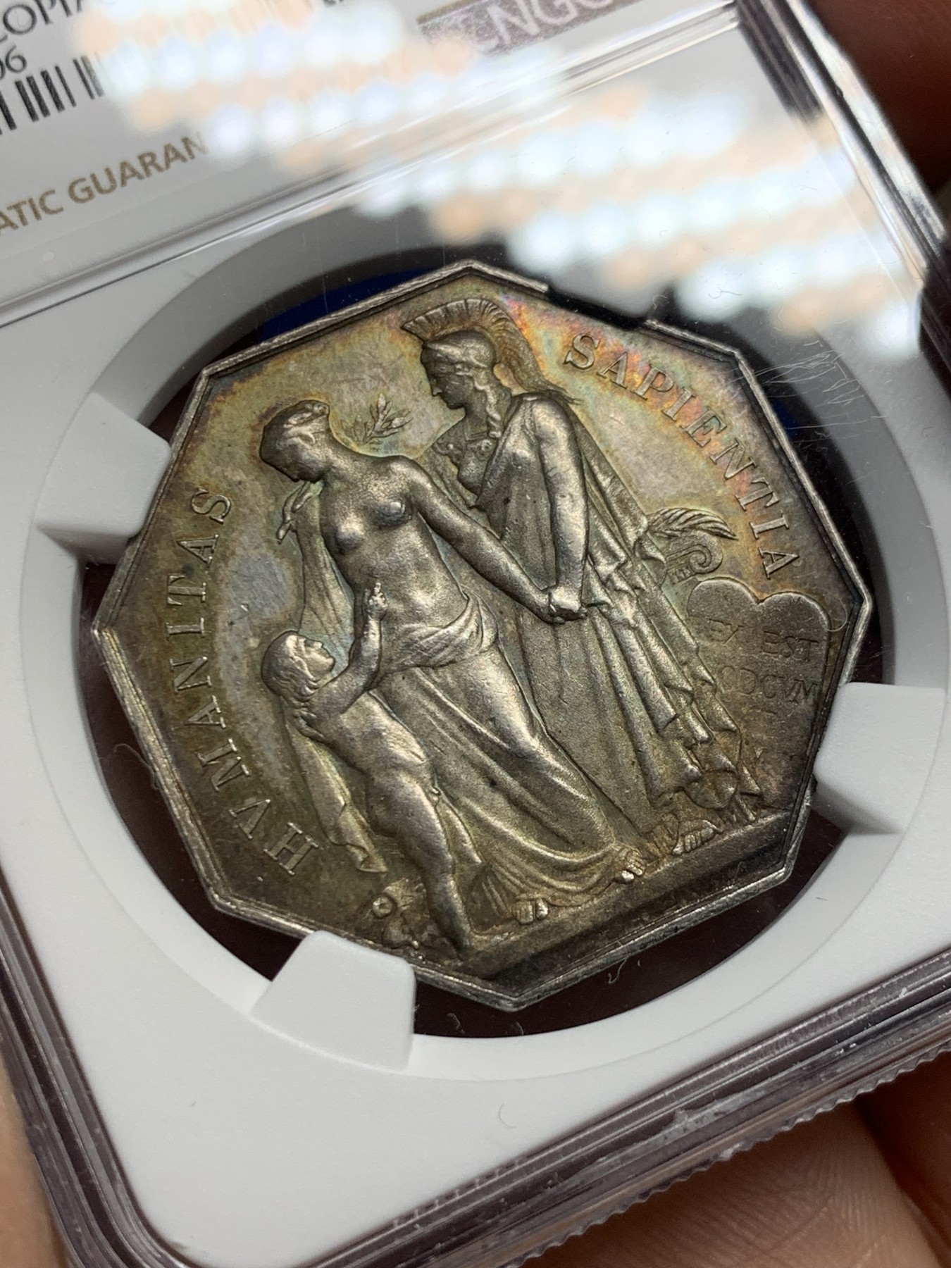 《竞宝斋》第250场-周日，周一 ，周二3场连拍 (全场包邮) NGC MS63 法国1874公证人协会八角银质代币 丰饶角边铭