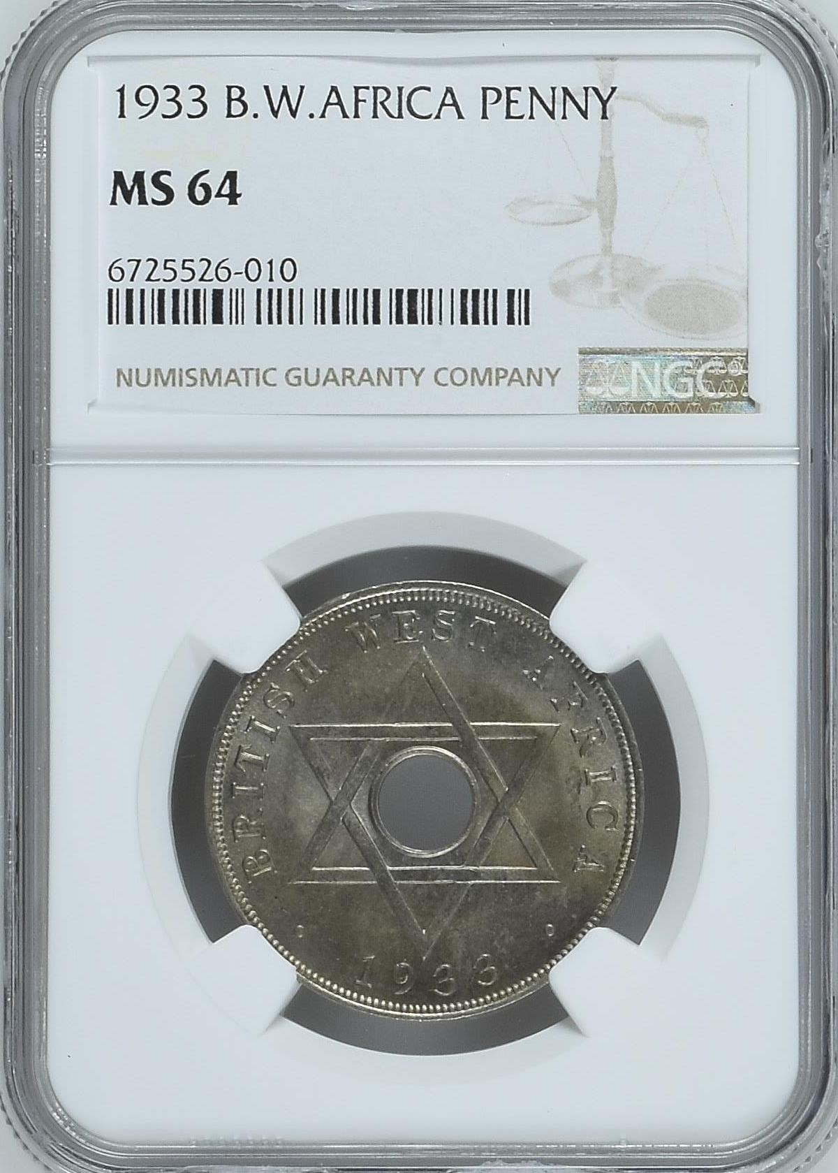 长老汇龙年精选第三场 1933 英属西非乔治五世1便士镍币，NGC MS64分，唯一亚军分，更高分仅有一枚