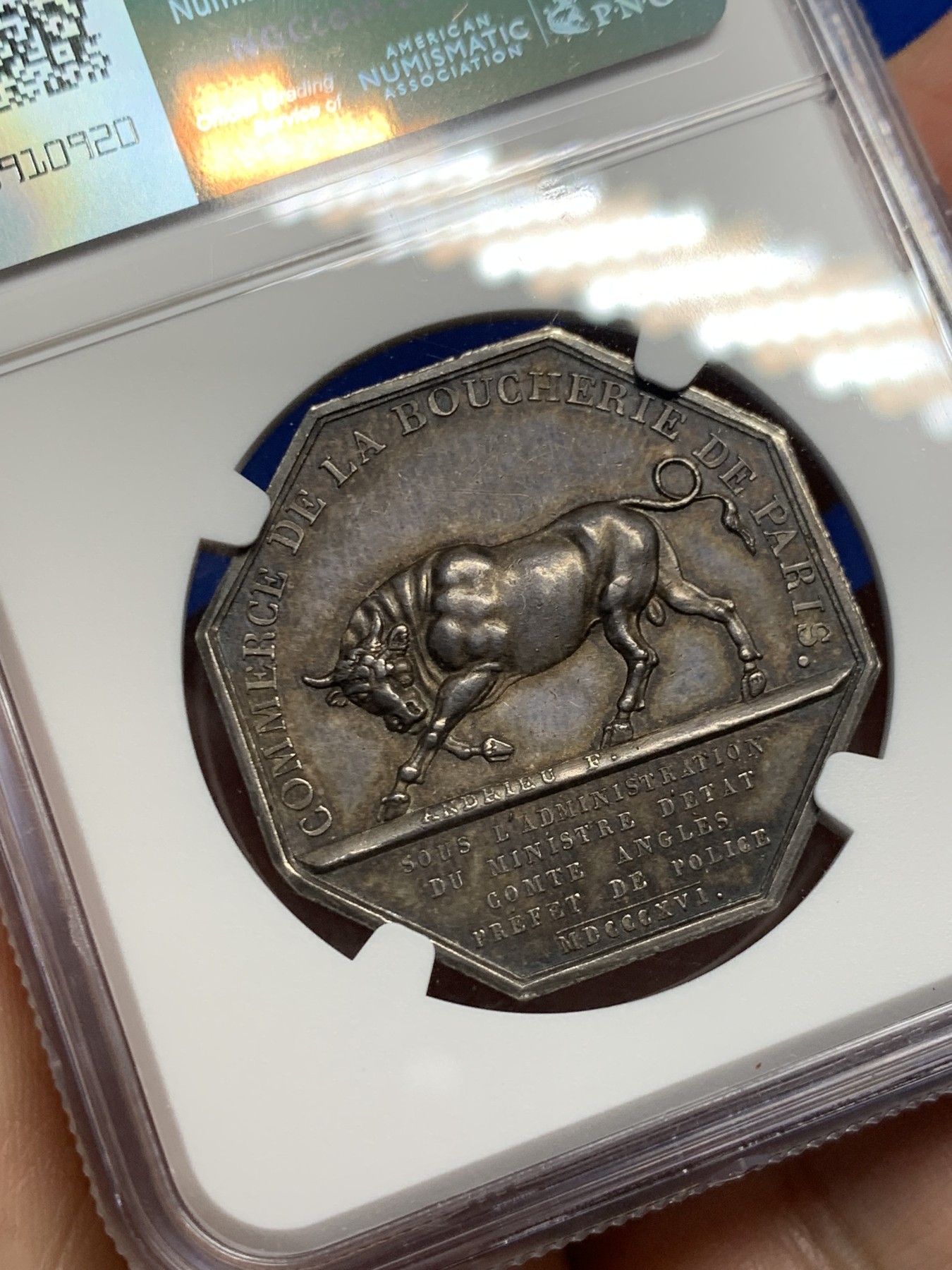 《竞宝斋》第250场-周日，周一 ，周二3场连拍 (全场包邮) NGC MS62 法国1816安德里厄八角银质代币