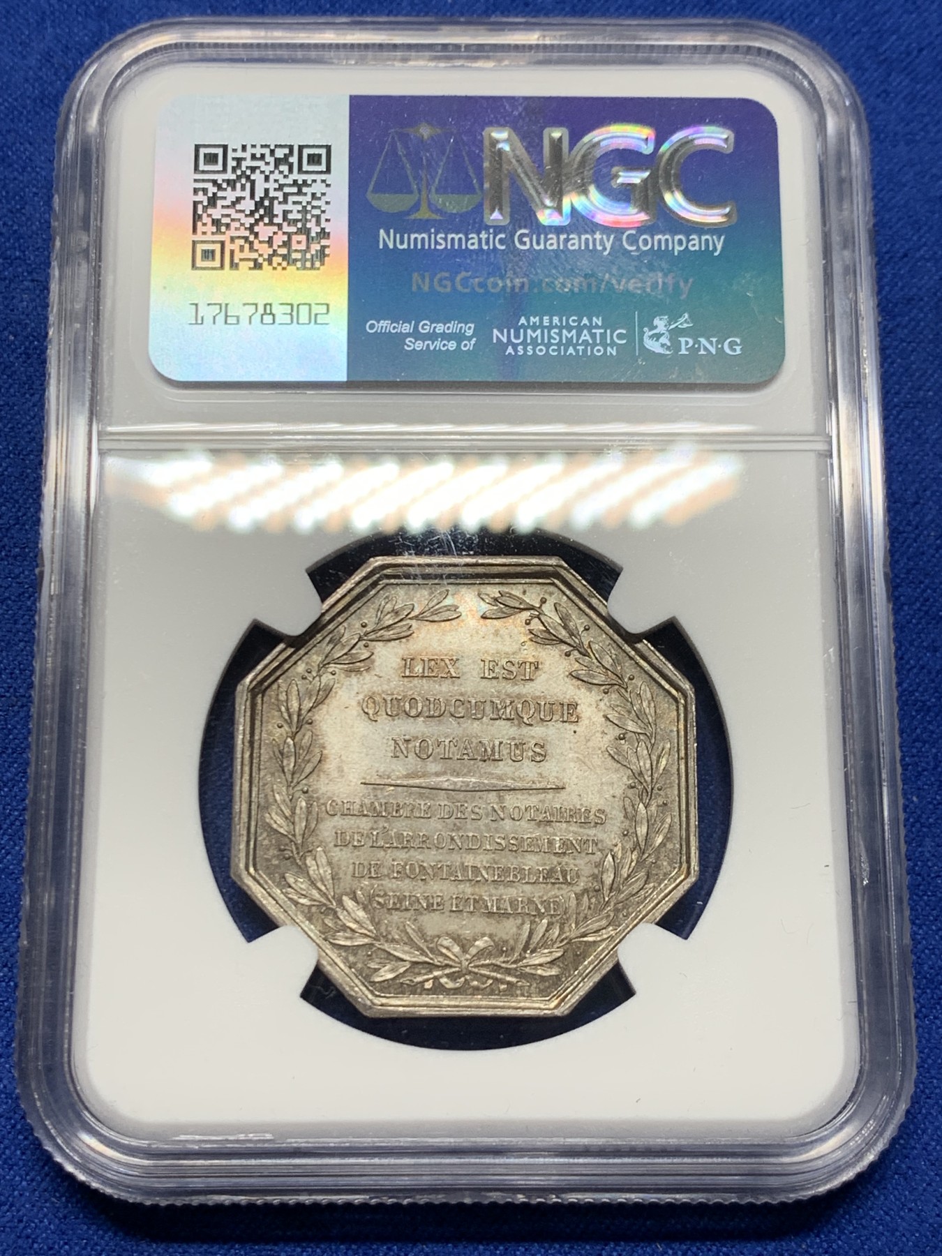 《竞宝斋》第250场-周日，周一 ，周二3场连拍 (全场包邮) NGC-MS64 法国八角银质代币，枫丹白露公证人，1845-1860手指边铭