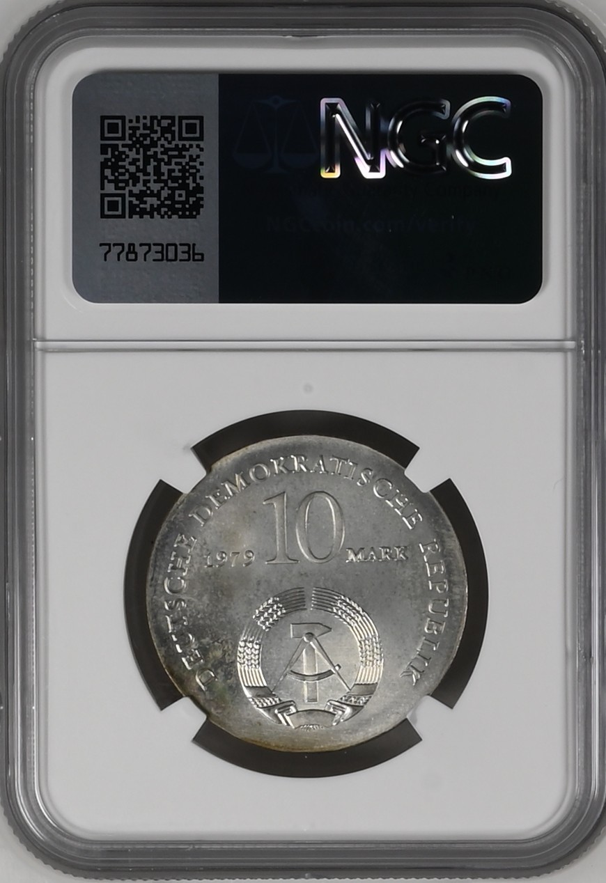 长老汇龙年精选第三场 1979 东德费尔巴哈10马克银币，NGC MS64分，更高分仅有13枚