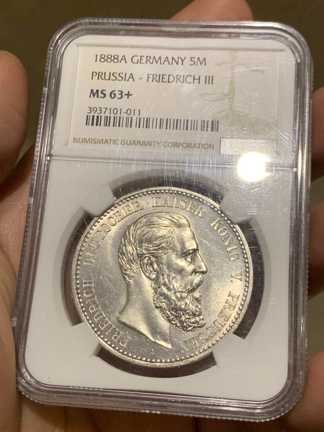 《竞宝斋》第249场-周日，周一 ，周二3场连拍 (全场包邮) NGC MS63+ 德国普鲁士 1888年 三皇 5马克 银币