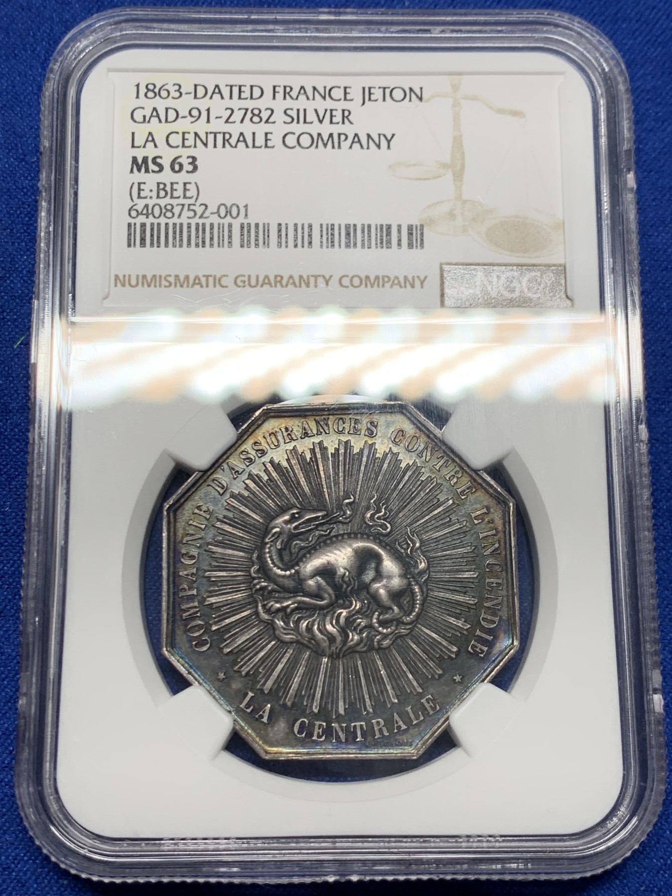 《竞宝斋》第250场-周日，周一 ，周二3场连拍 (全场包邮) NGC-MS63 法国八角银章，中央保险公司，状态极好的小火龙